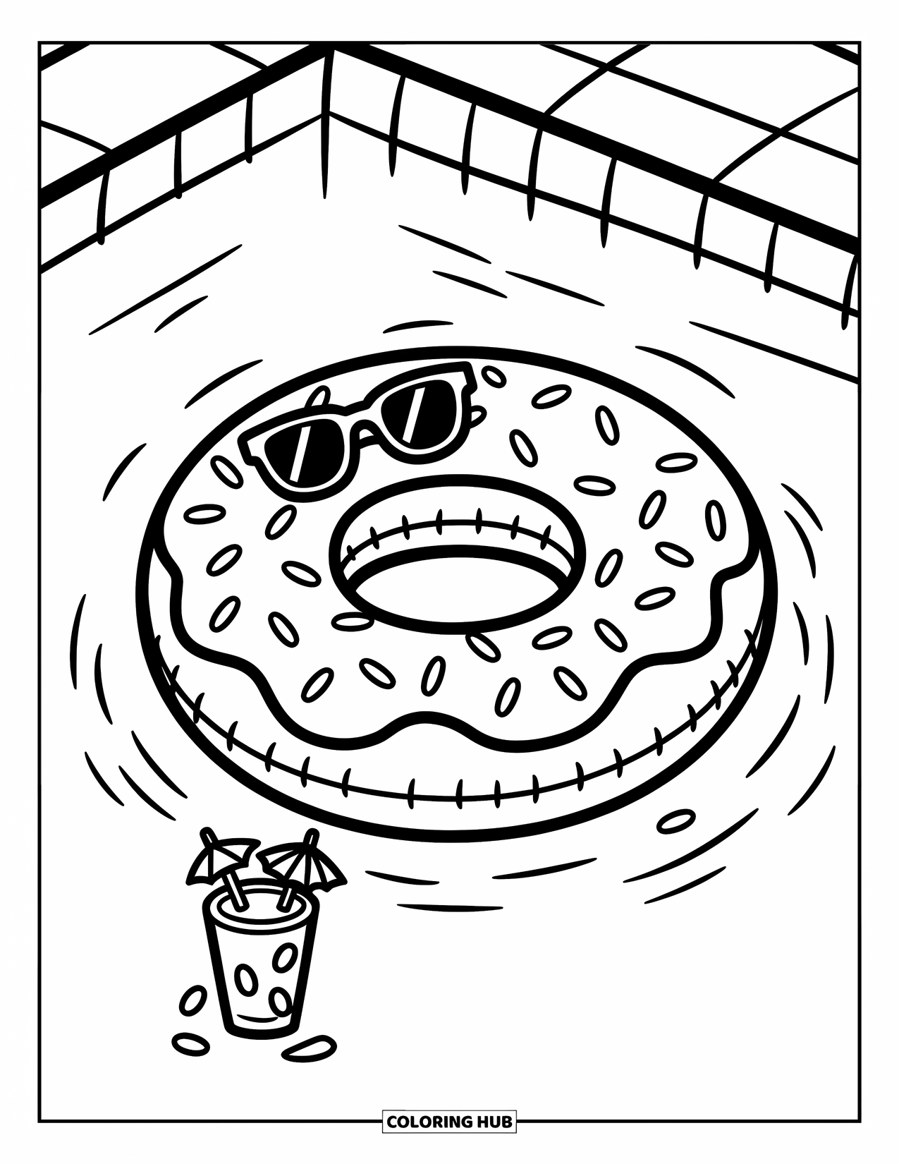 Zomer Kleurplaat voor Volwassenen: Een donutvormige zwemband dobbert in het water naast een koud drankje en een zonnebril