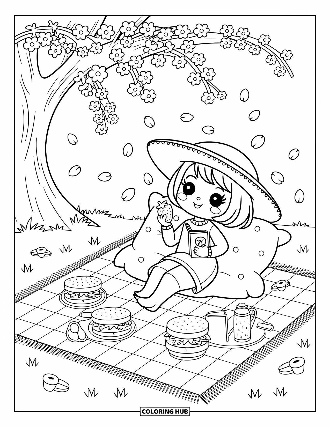 Zomer Kleurplaat voor Volwassenen: Een dromerige picknick onder kersenbloesems, met een boek, fruit en zwevende bloemblaadjes