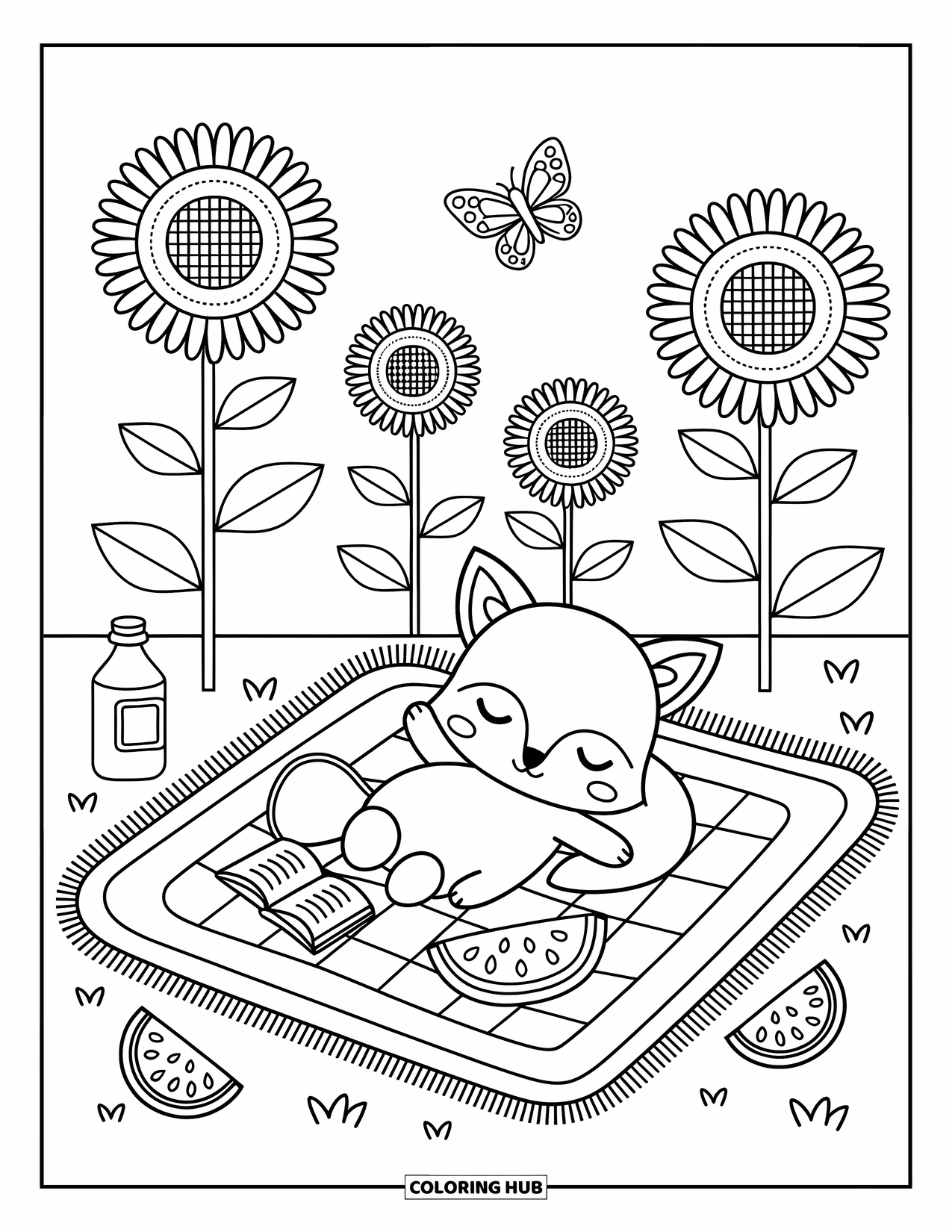 Zomer Kleurplaat voor Volwassenen: Een vos dommelt naast een fles limonade onder torenhoge zonnebloemen