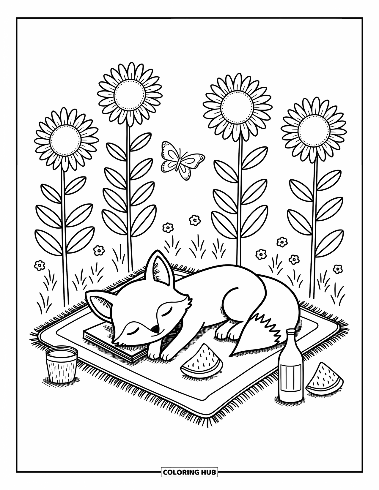 Zomer Kleurplaat voor Volwassenen: Een vos doet een dutje op een picknickkleed en gebruikt een boek als kussen