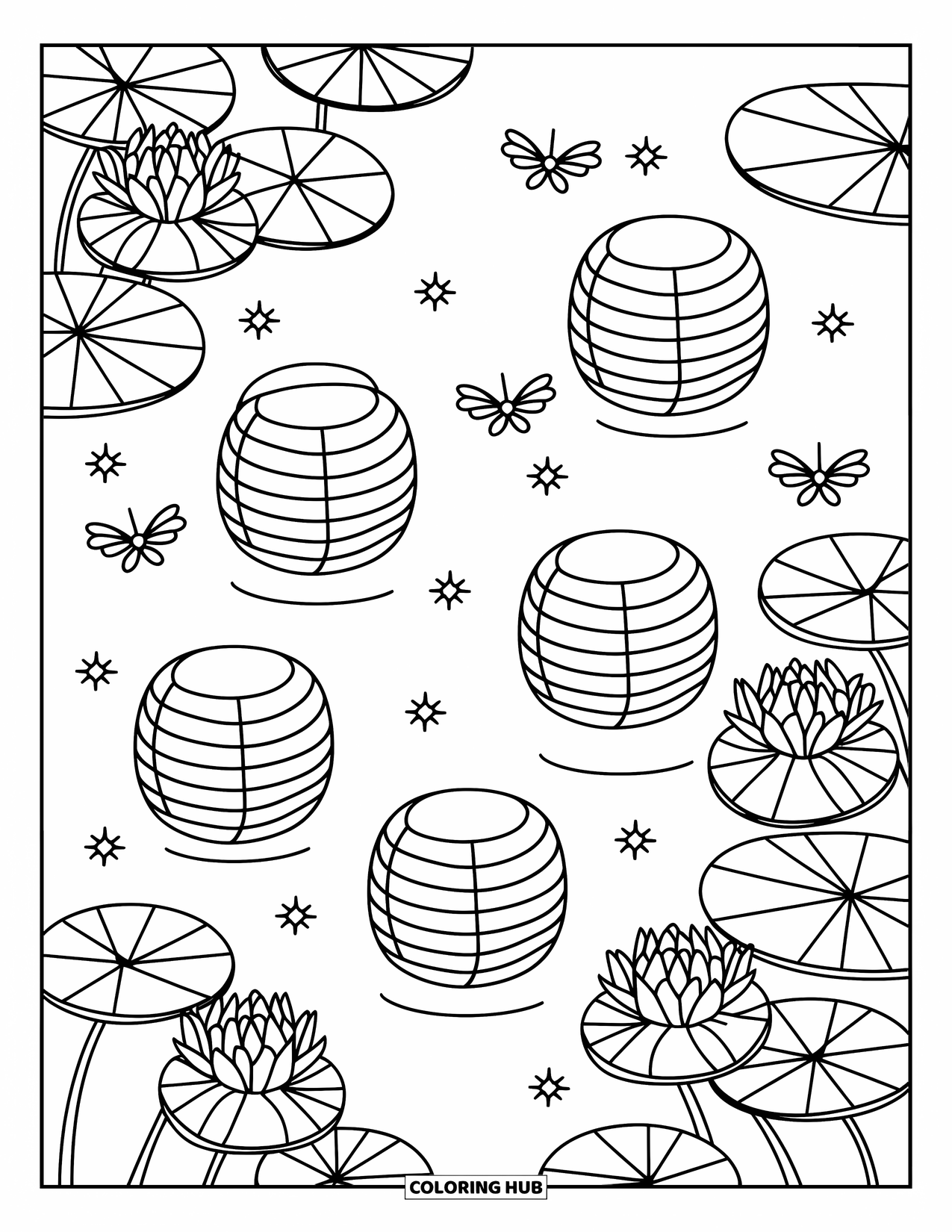 Zomer Kleurplaat voor Volwassenen: Een tuinvijver sprankelt met drijvende lantaarns en fonkelende vuurvliegjes