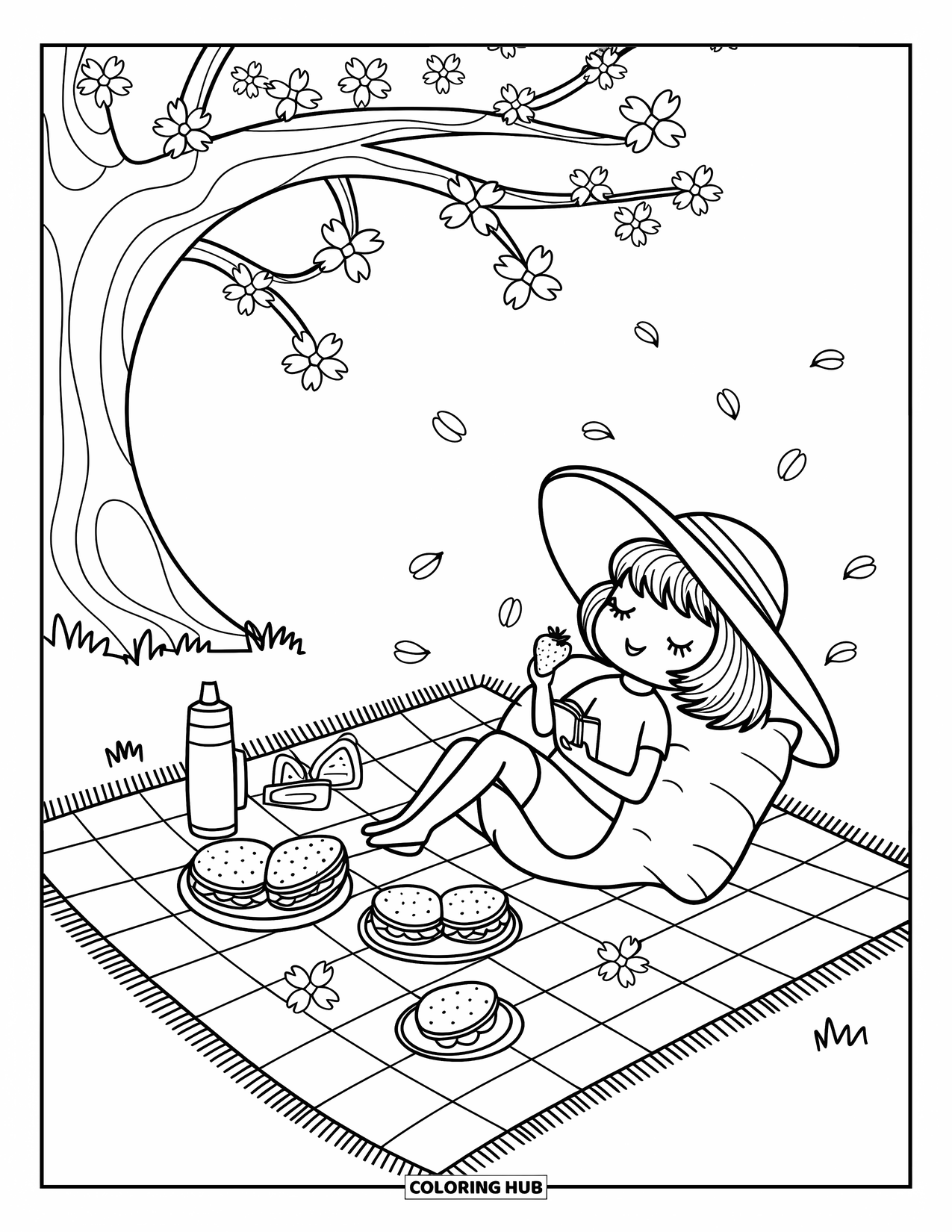 Zomer Kleurplaat voor Volwassenen: Een meisje met een zonnehoed ontspant onder kersenbloesems met een picknick