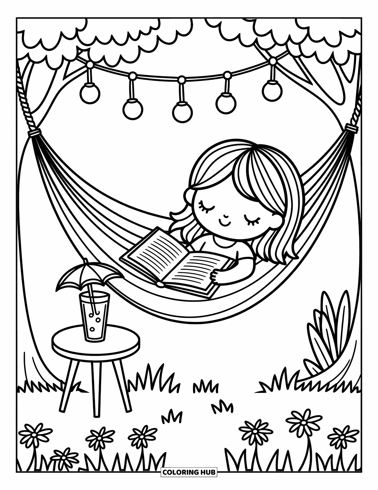 Zomer Kleurplaat voor Volwassenen: Een meisje met een boek rust in een hangmat, omringd door feeërieke lichtjes en kleine madeliefjes