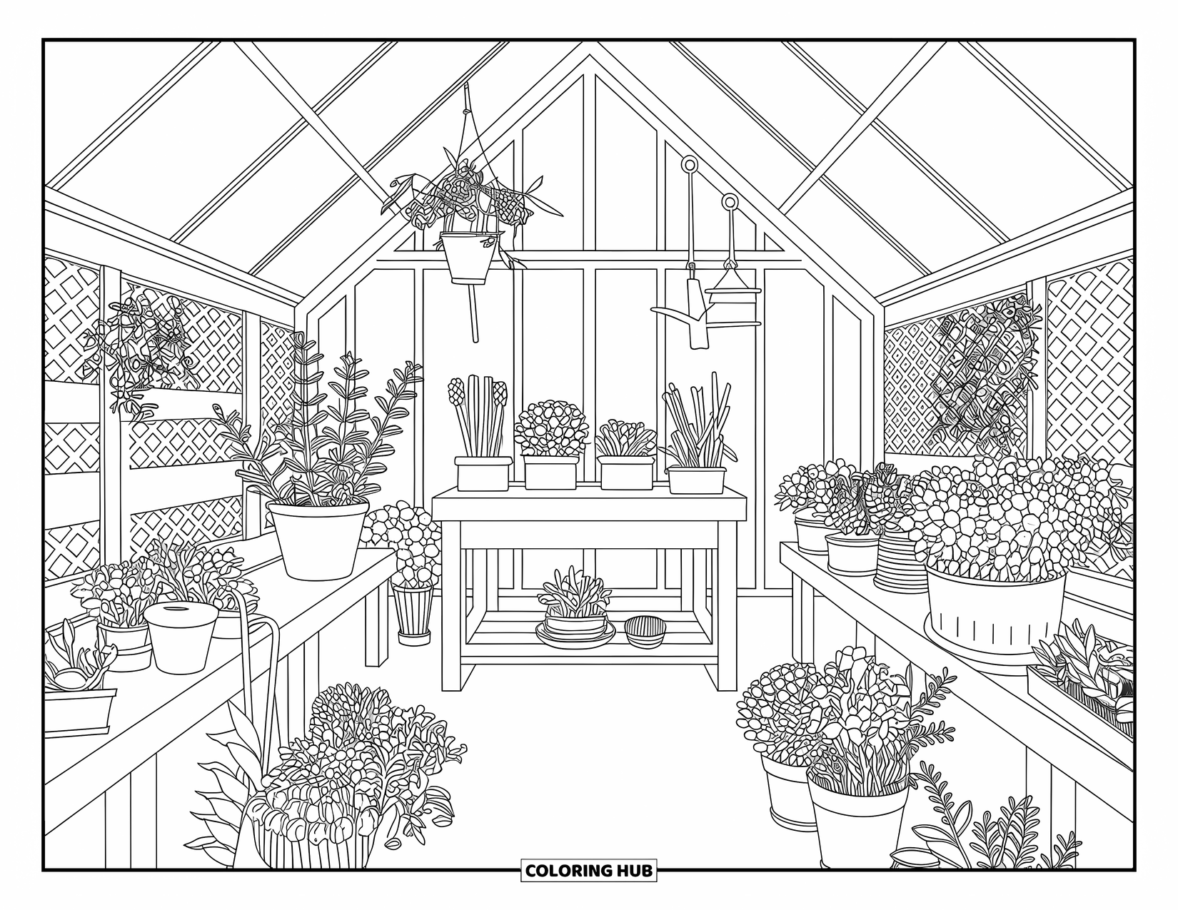 Zomer Kleurplaat voor Volwassenen: Een kasscène met bloemen, tuingereedschap en ingewikkelde details voor een ontspannende toets