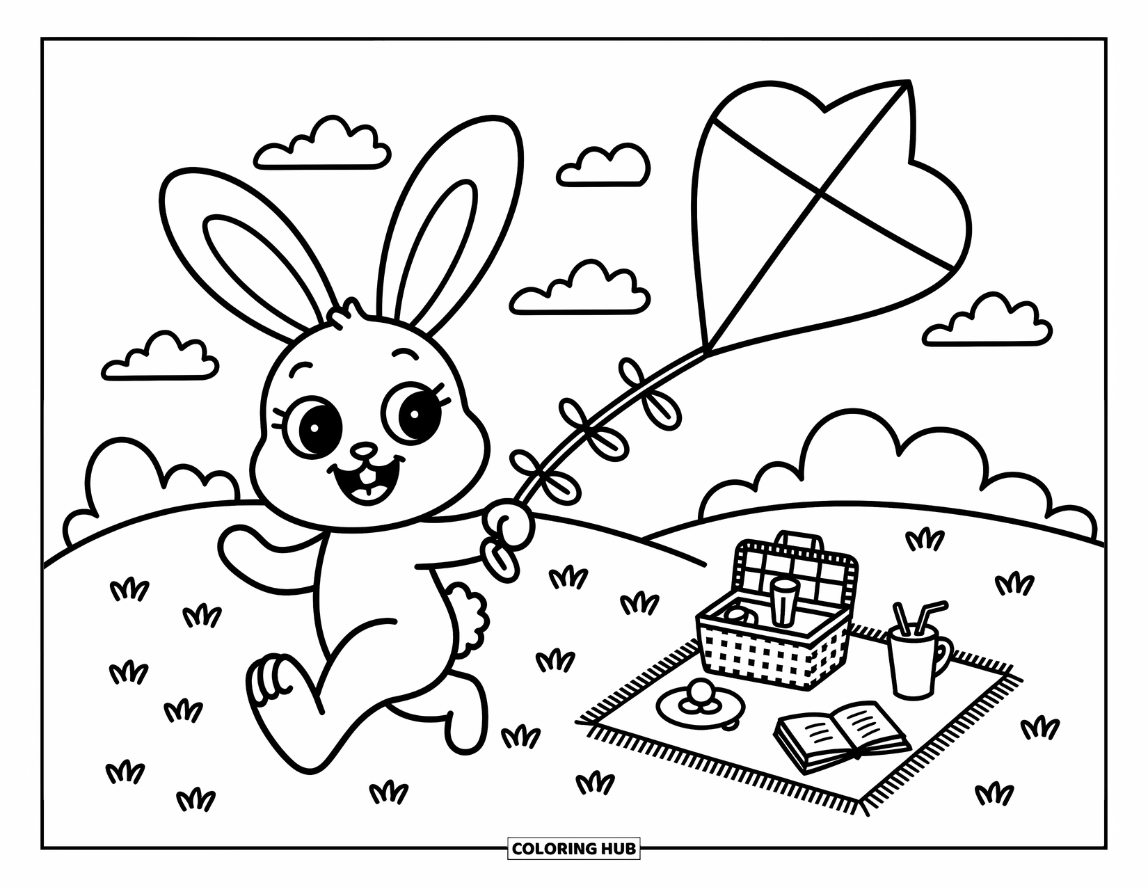 Zomer Kleurplaat voor Volwassenen: Een vrolijk konijntje met slappe oren laat een hartvormige vlieger vliegen over een groene heuvel