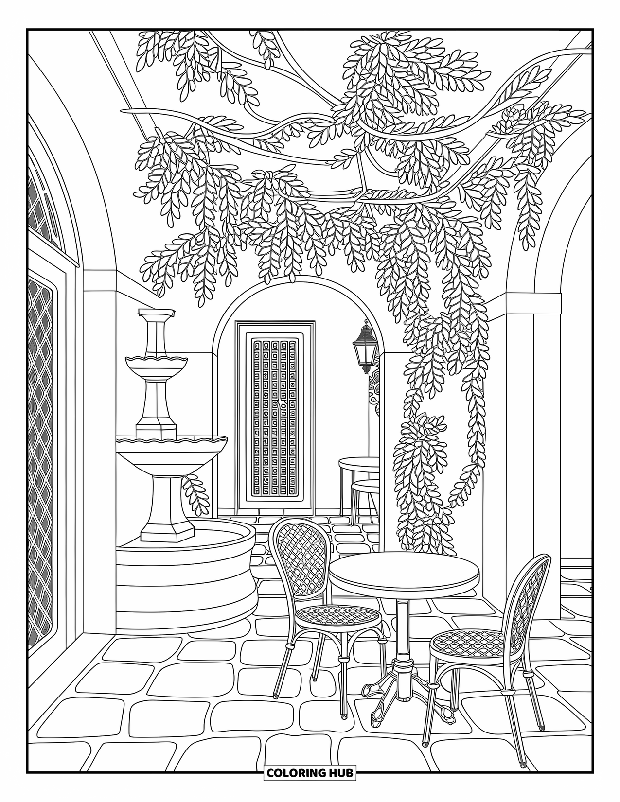 Zomer Kleurplaat voor Volwassenen: Een verborgen mediterrane binnenplaats met een stenen fontein, weelderige klimplanten en een charmante cafétafel