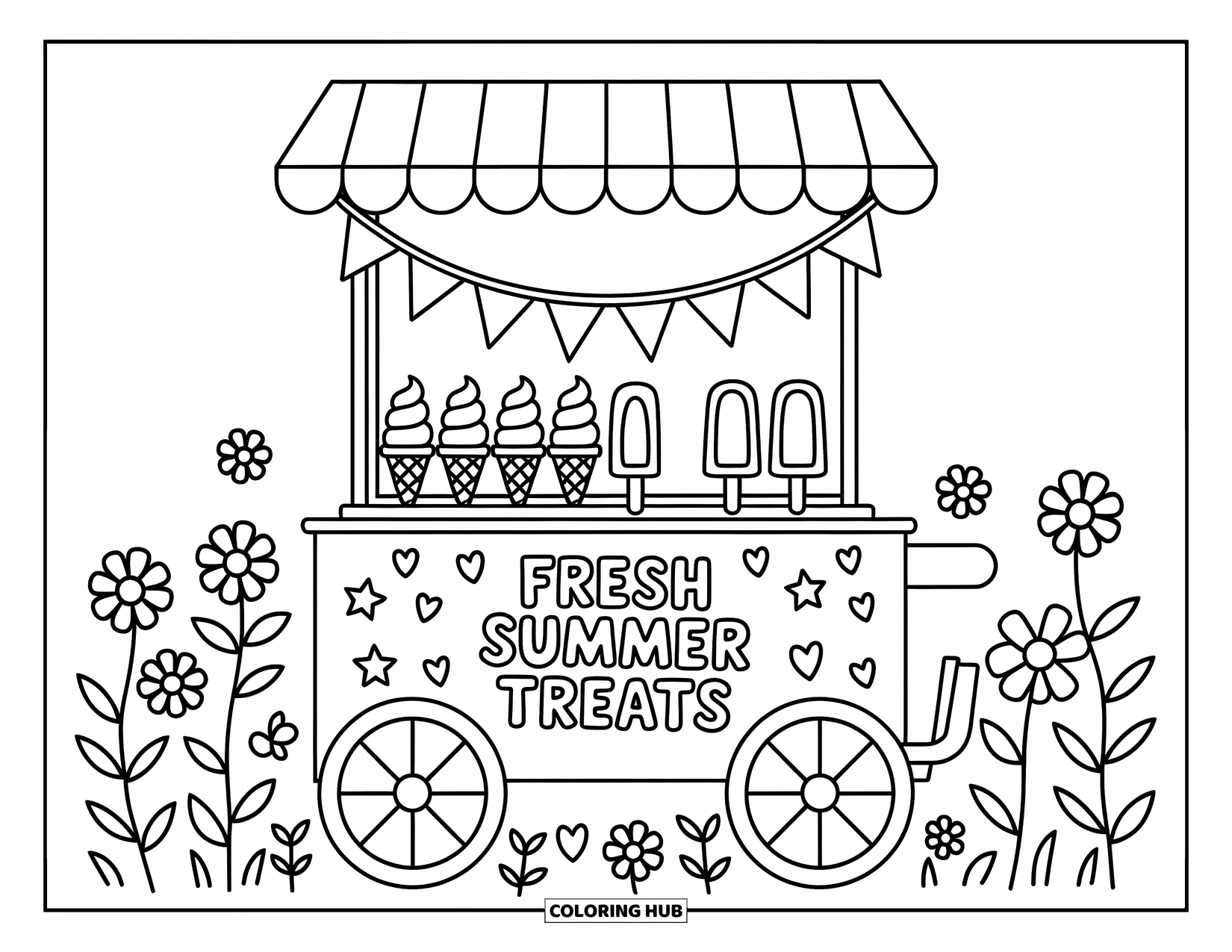 Zomer Kleurplaat voor Volwassenen: Een kawaii-stijl ijskarretje versierd met vlaggetjes staat in een bloemenveld