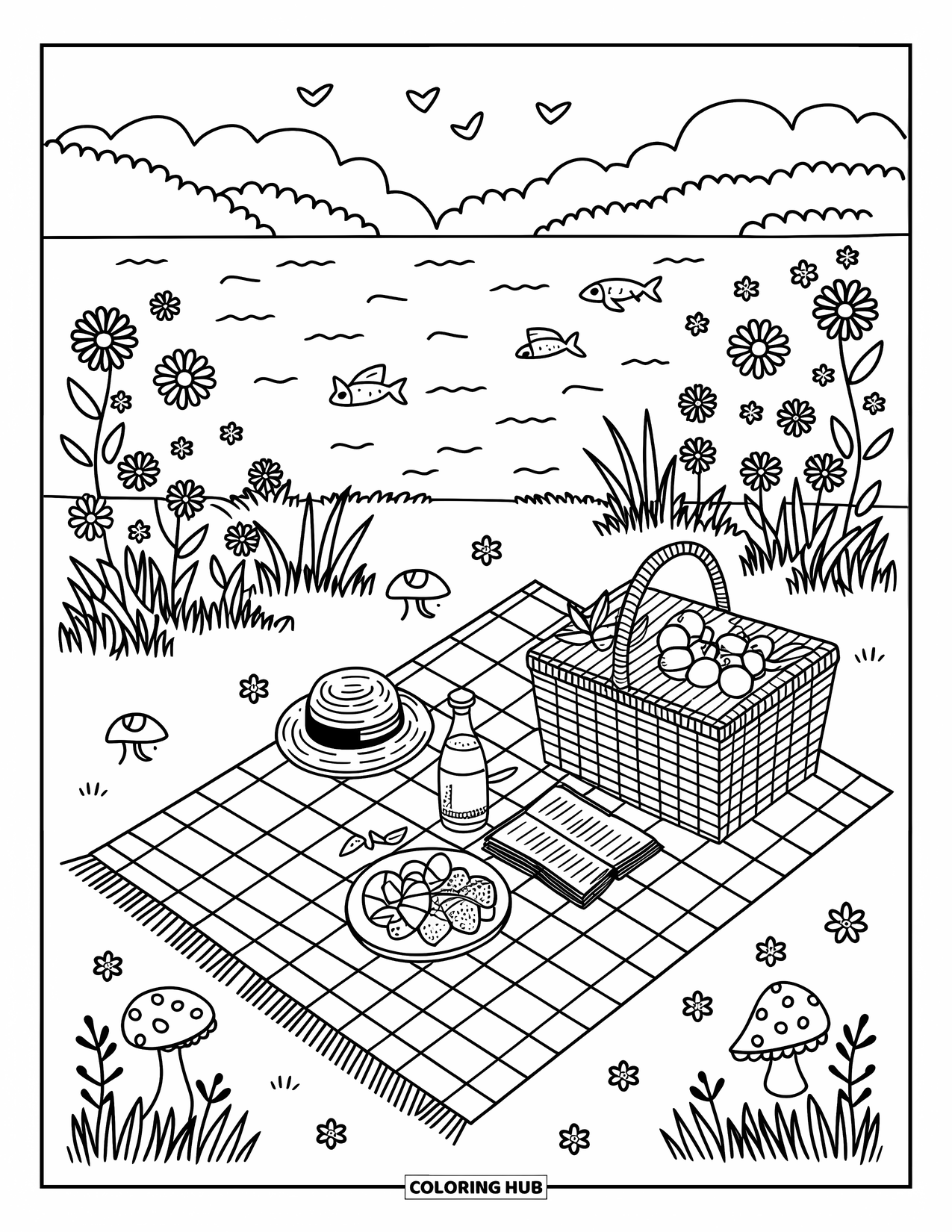 Zomer Kleurplaat voor Volwassenen: Een picknick aan het meer met een mand met sandwiches en een open boek