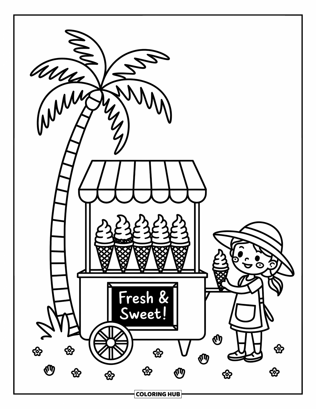Zomer Kleurplaat voor Volwassenen: Een klein ijskarretje met pastelkleurige versieringen en heerlijke bevroren lekkernijen