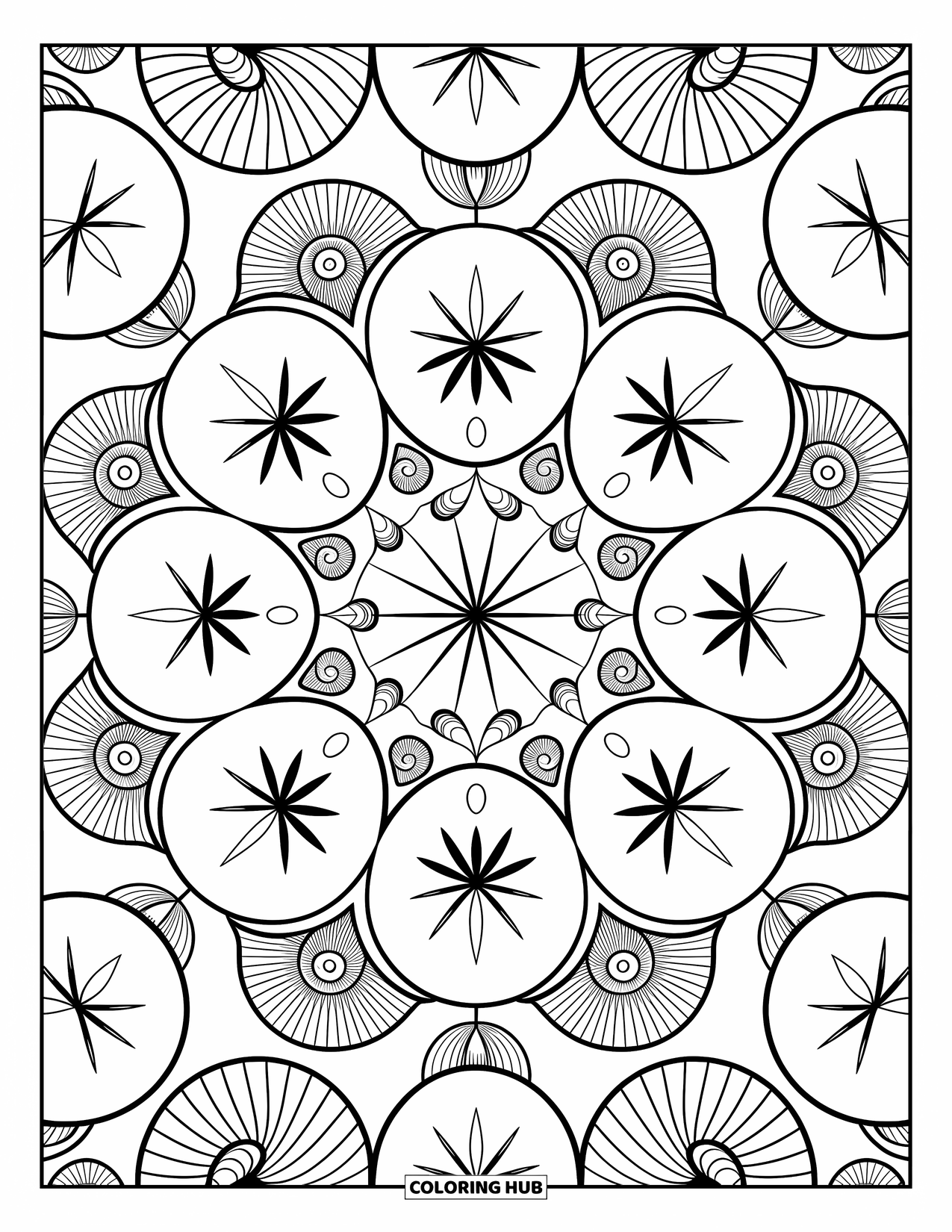Zomer Kleurplaat voor Volwassenen: Een betoverende schelpenmandala met zanddollars en spiraalvormige schelpen in een elegant patroon