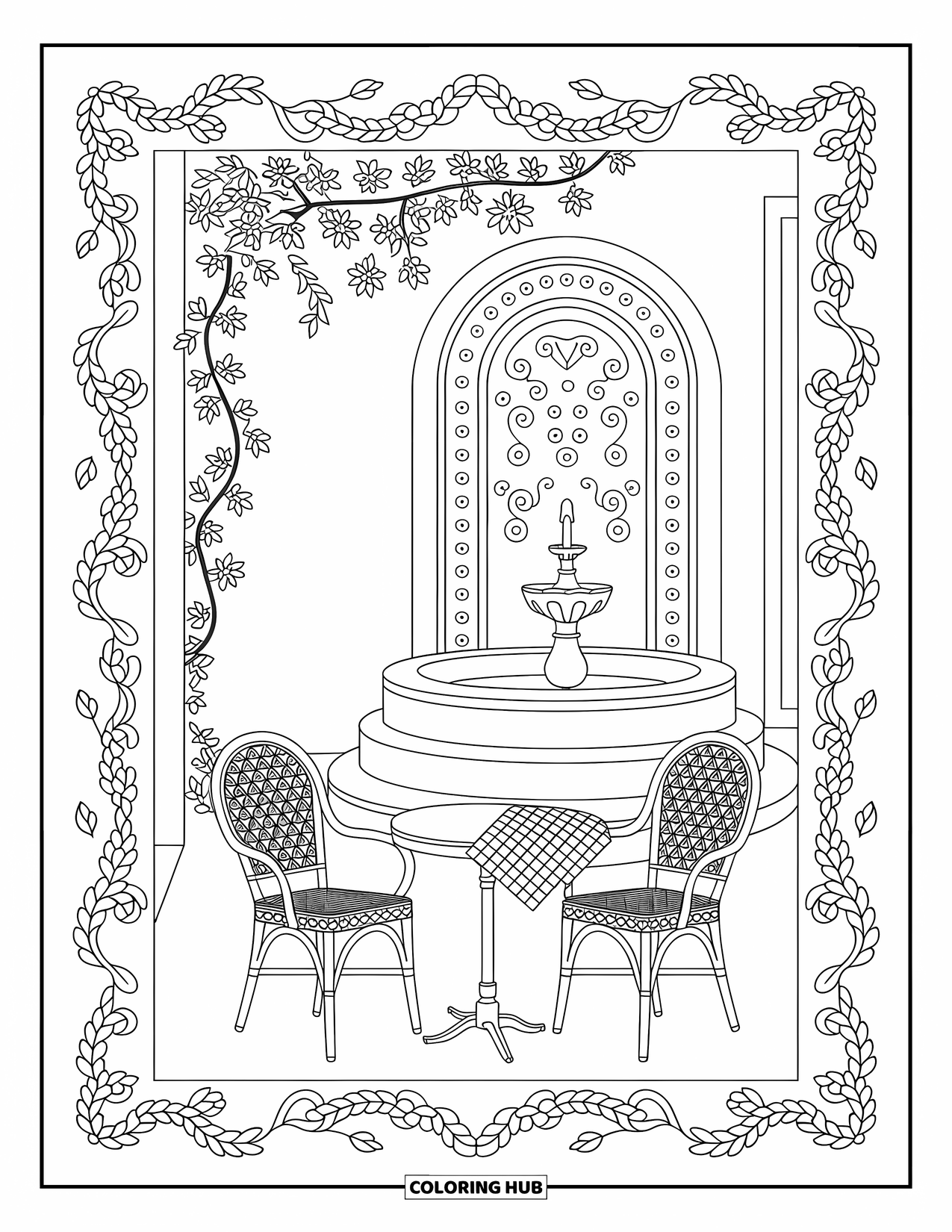 Zomer Kleurplaat voor Volwassenen: Een vredige mediterrane binnenplaats met weelderige klimplanten, een stenen fontein en een gezellige cafétafel