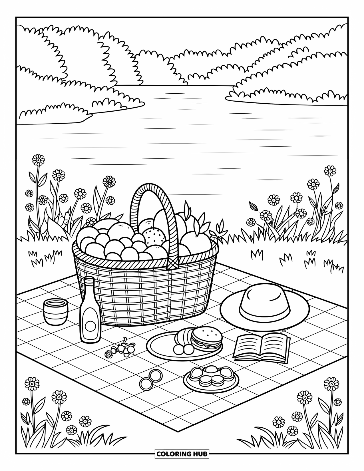 Zomer Kleurplaat voor Volwassenen: Een vredig picknicktafereel met een geweven mand en een zomerse strohoed
