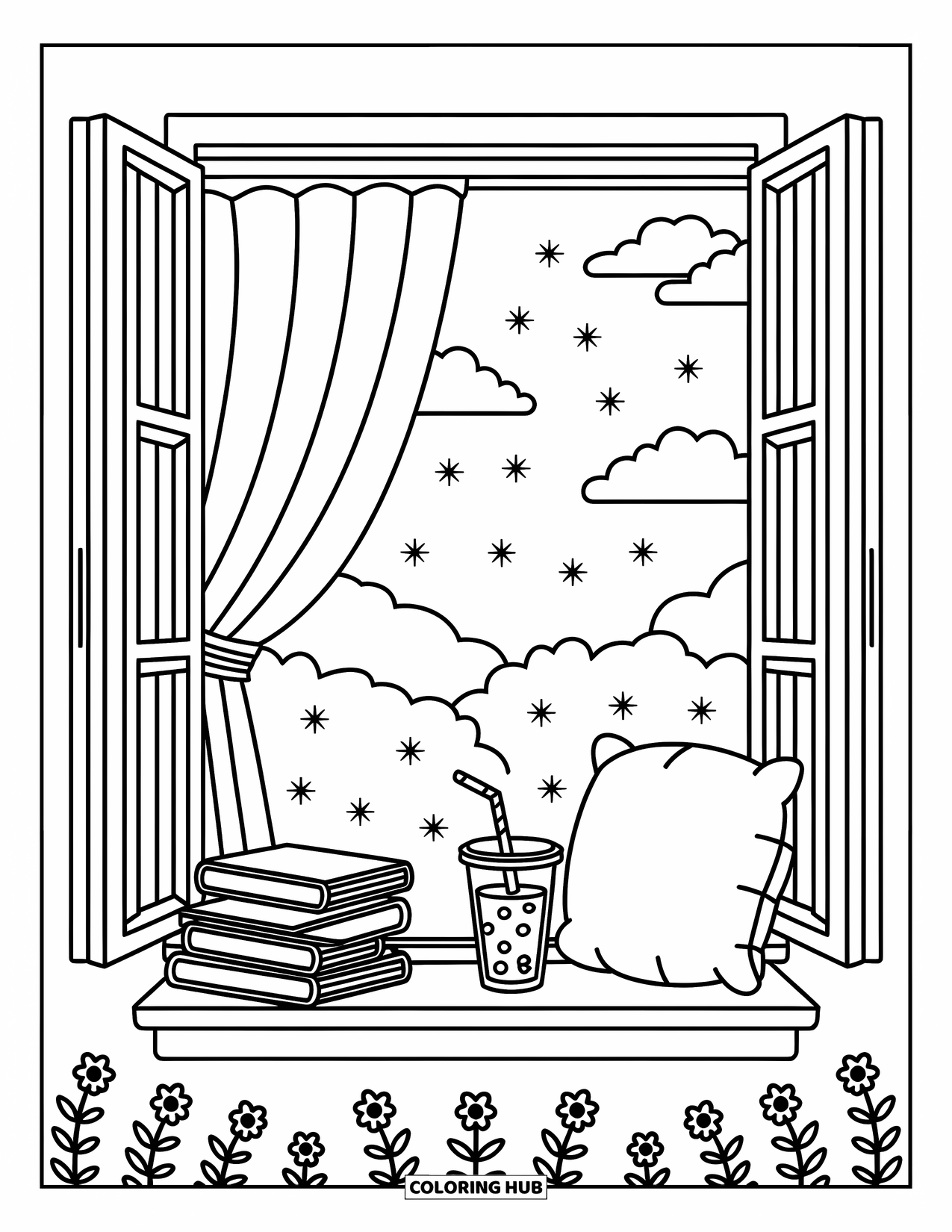 Zomer Kleurplaat voor Volwassenen: Een rustige leeshoek met een warme bries en een lucht vol pluizige wolken