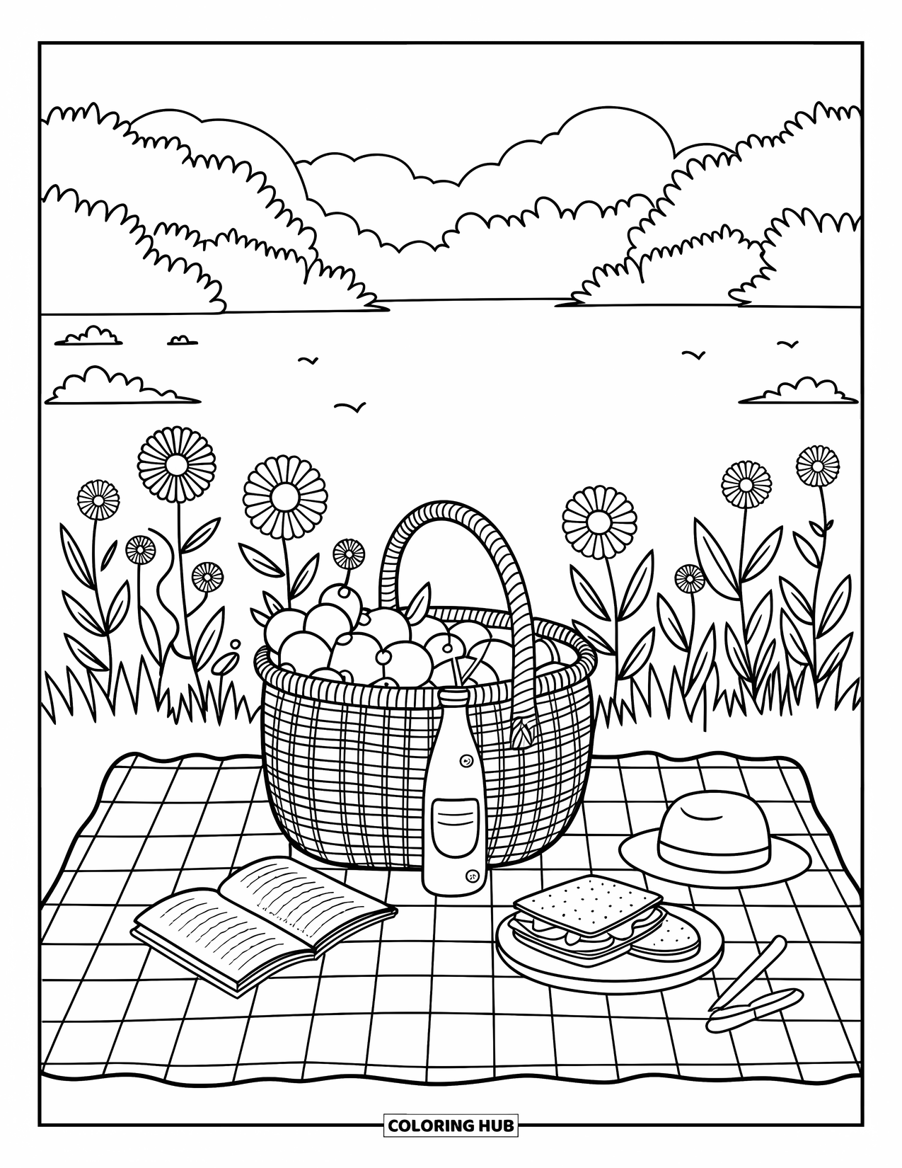 Zomer Kleurplaat voor Volwassenen: Een picknickkleed in de buurt van een meer, omringd door bloeiende wilde bloemen