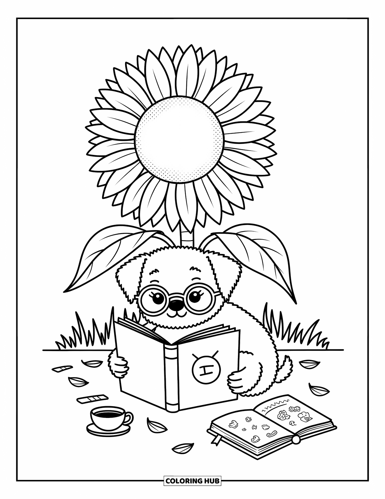 Zomer Kleurplaat voor Volwassenen: Een puppy met een kleine bril leest een boek onder een torenhoge zonnebloem