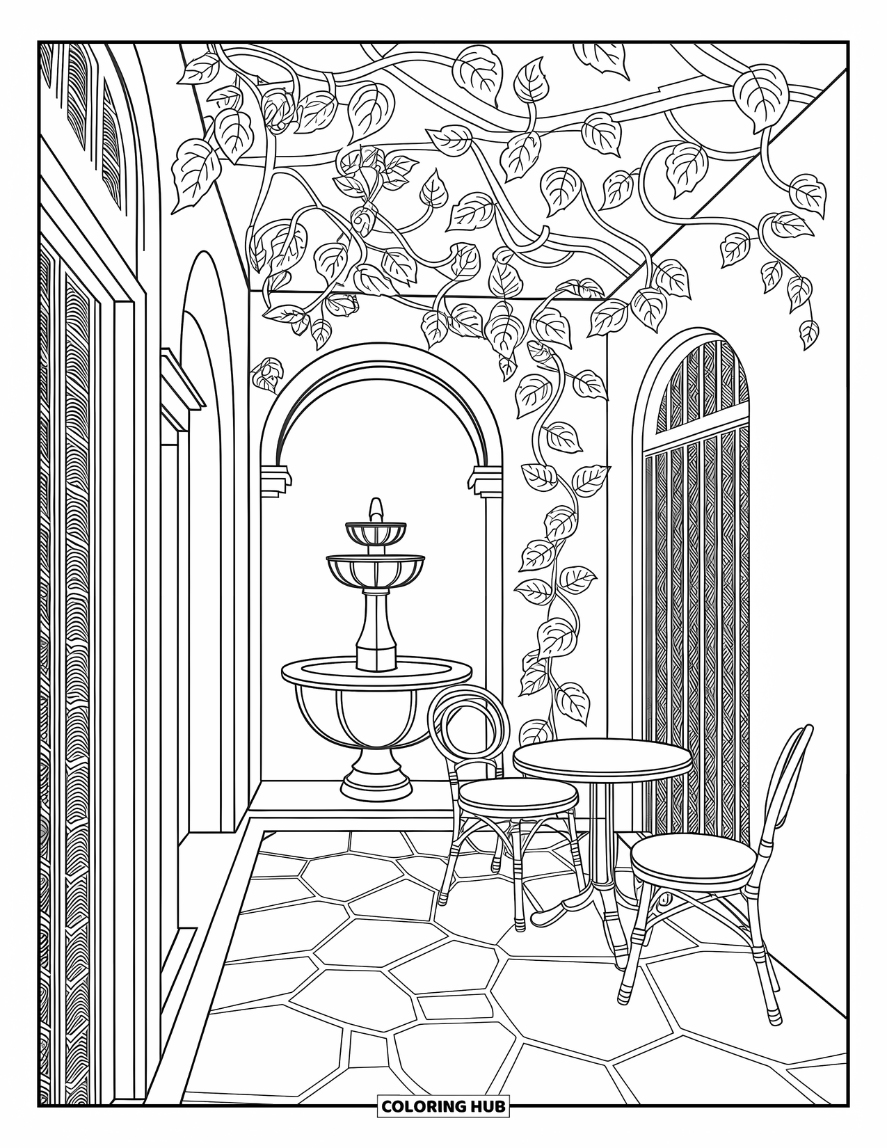 Zomer Kleurplaat voor Volwassenen: Een rustige binnenplaats met een charmante fontein, weelderig groen en een uitnodigende cafétafel