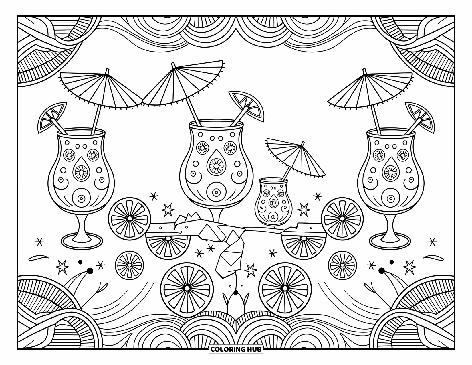 Zomer Kleurplaat voor Volwassenen: Een verfrissend zomers tafereel met mojito's, piña colada's, kleine parasols en citroenpartjes