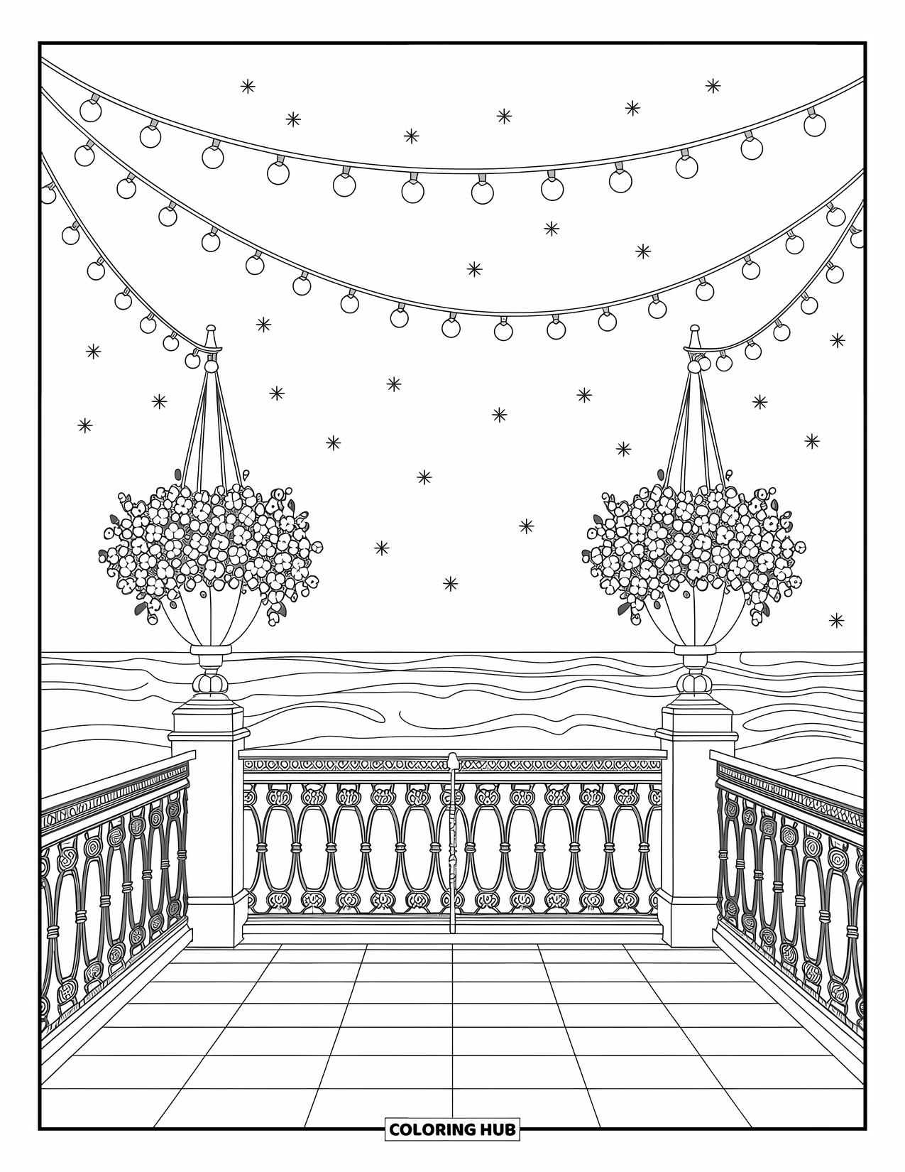 Zomer Kleurplaat voor Volwassenen: Een romantisch balkon met uitzicht op de oceaan, gedrapeerd in feeërieke lichtjes en gevuld met hangende bloemen