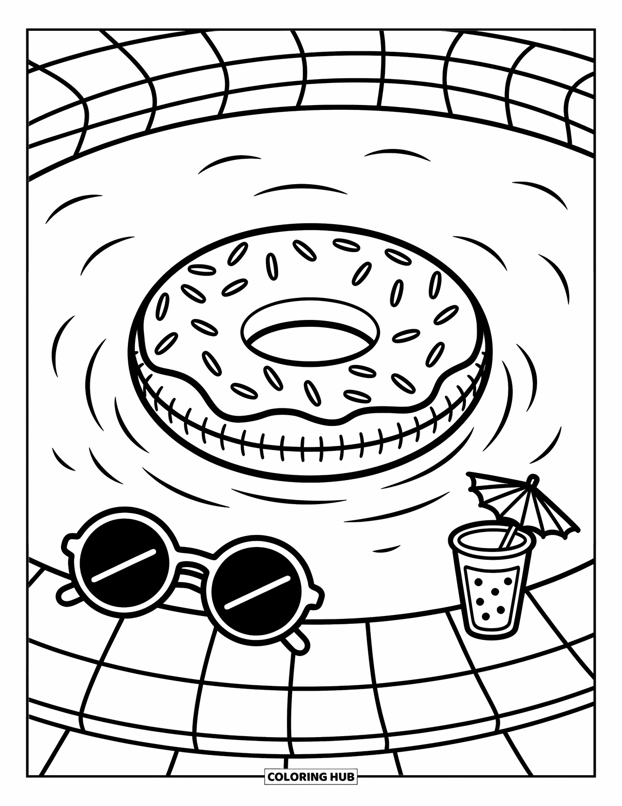 Zomer Kleurplaat voor Volwassenen: Een ronde zwemband dobbert in het water met kleine rimpelingen eromheen