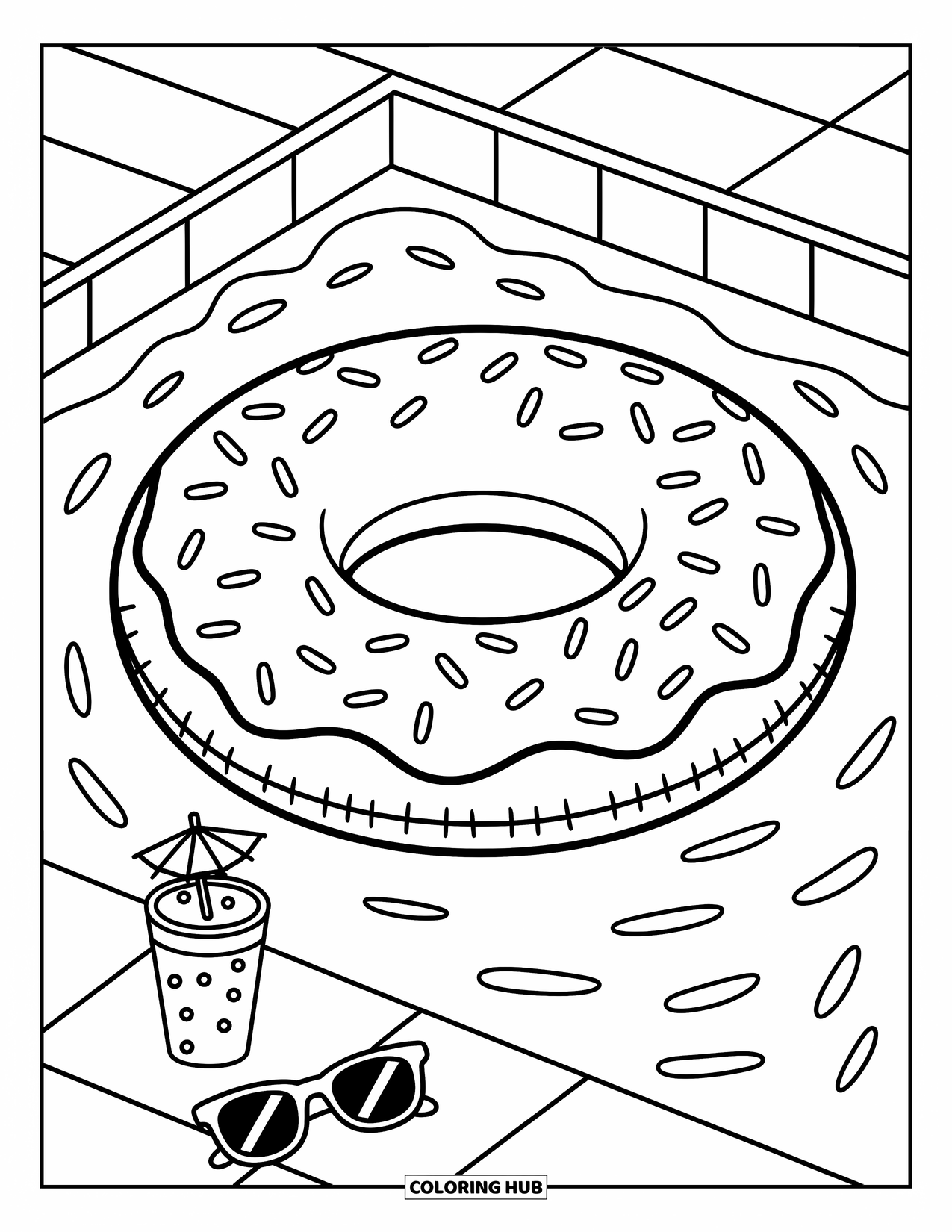 Zomer Kleurplaat voor Volwassenen: Een ronde zwemband drijft zachtjes in het water met kleine rimpelingen eromheen