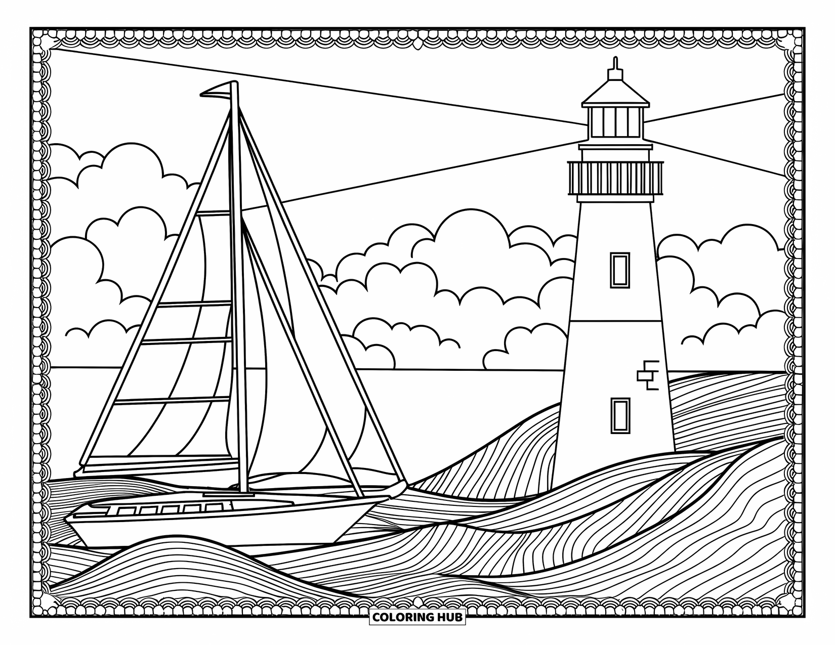 Zomer Kleurplaat voor Volwassenen: Een zeilboot en vuurtoren staan tegen rollende golven, waardoor een rustig uitzicht op de oceaan ontstaat