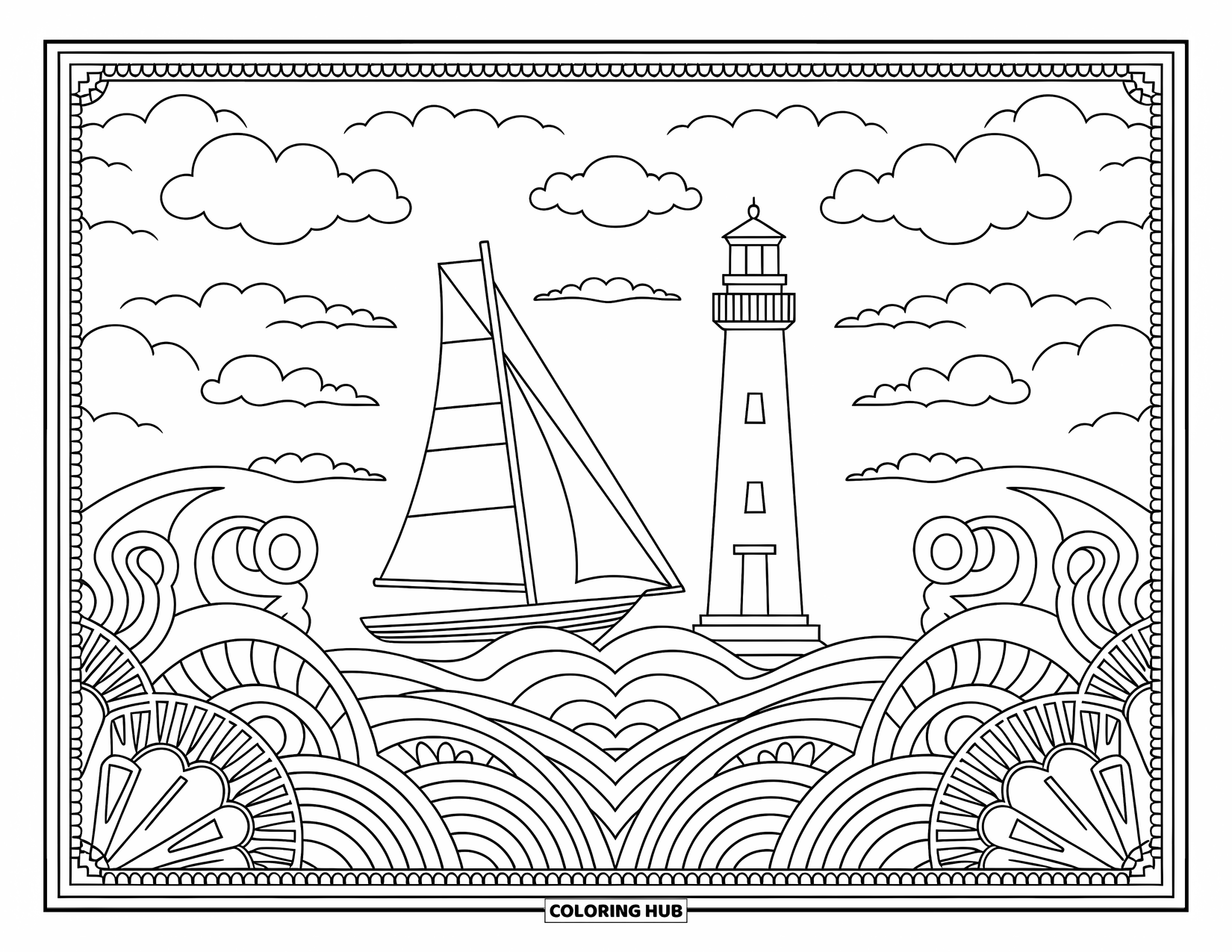 Zomer Kleurplaat voor Volwassenen: Een zeilboot drijft in de buurt van een vuurtoren terwijl oceaangolven onder pluizige wolken rollen