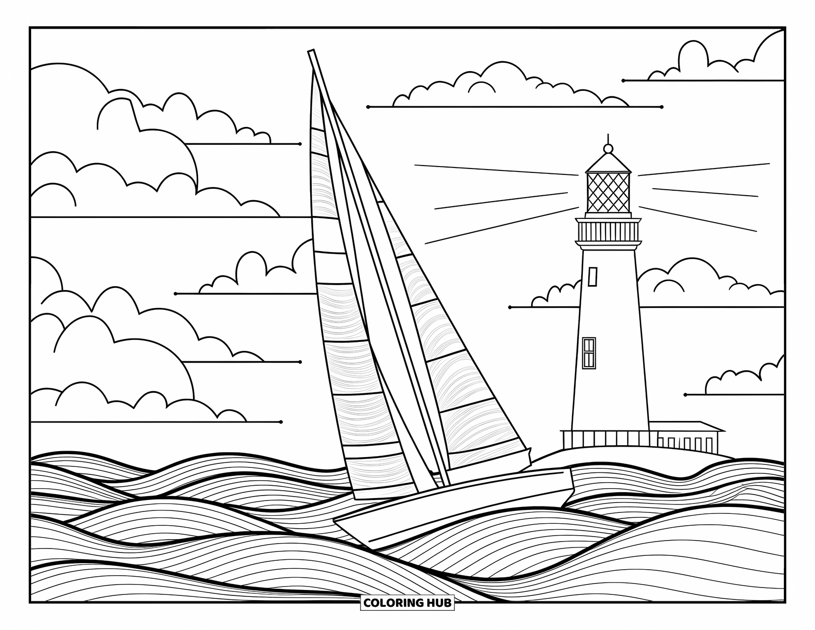 Zomer Kleurplaat voor Volwassenen: Een zeilboot glijdt naar een vuurtoren, omringd door rimpelende golven en een uitgestrekte lucht