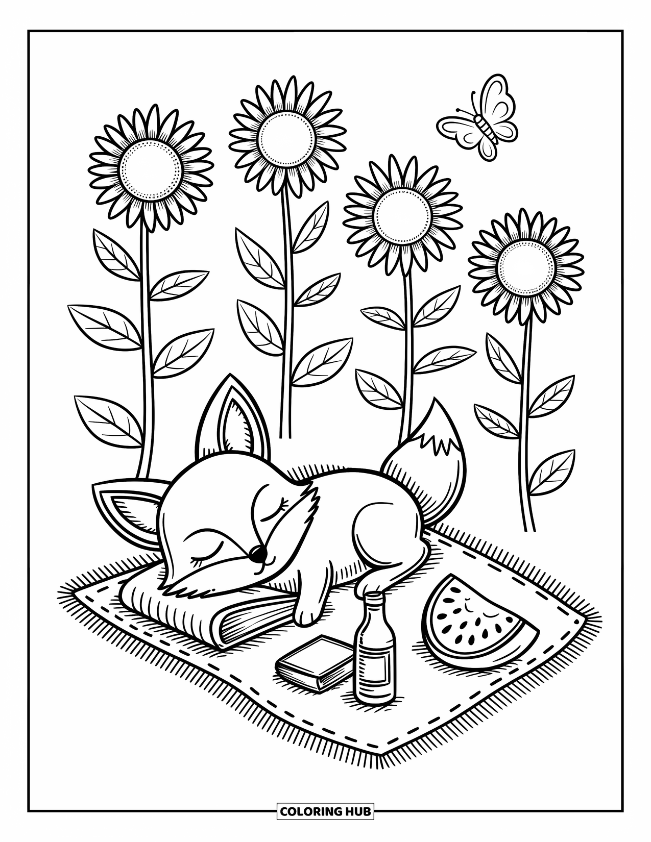 Zomer Kleurplaat voor Volwassenen: Een slaperige vos ligt op een picknickkleed in een zonnebloemveld