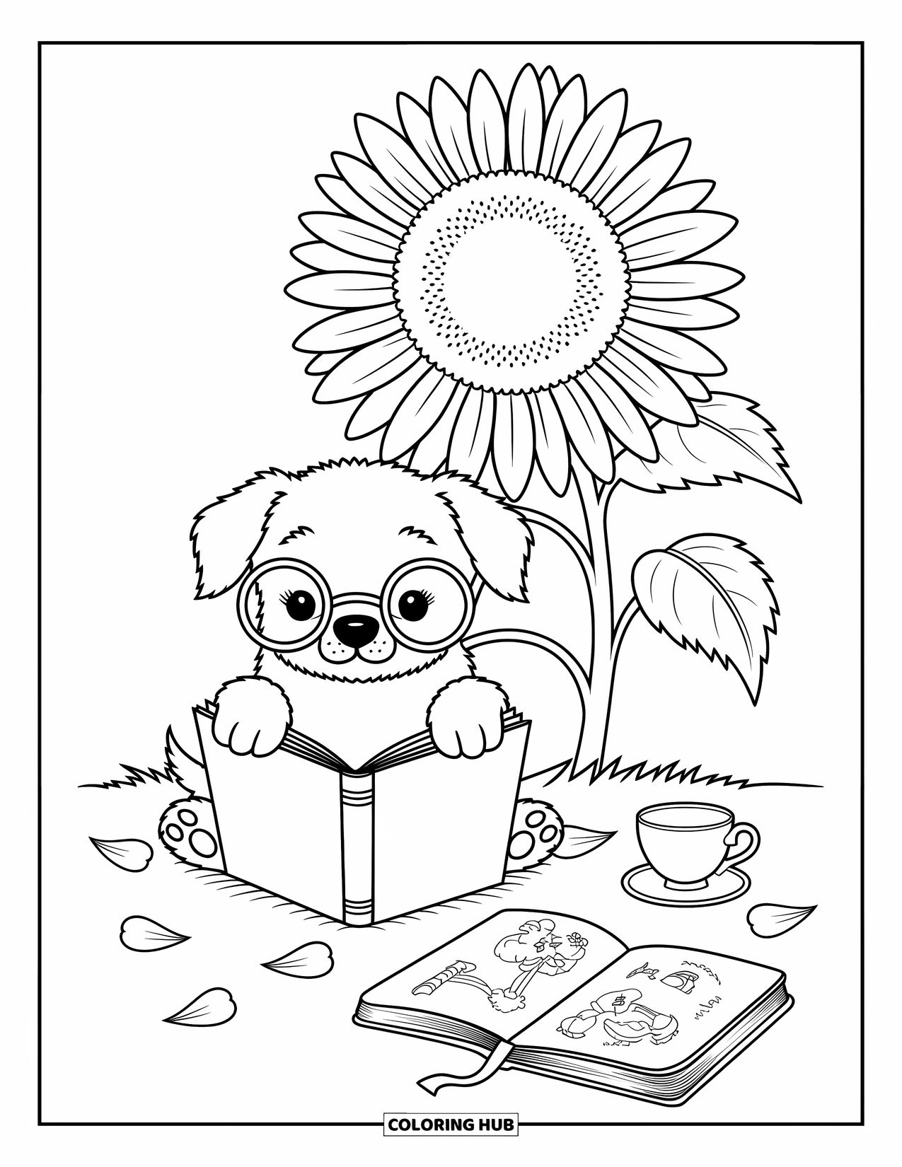 Zomer Kleurplaat voor Volwassenen: Een slaperige puppy rust onder een zonnebloem, omringd door gevallen bloemblaadjes