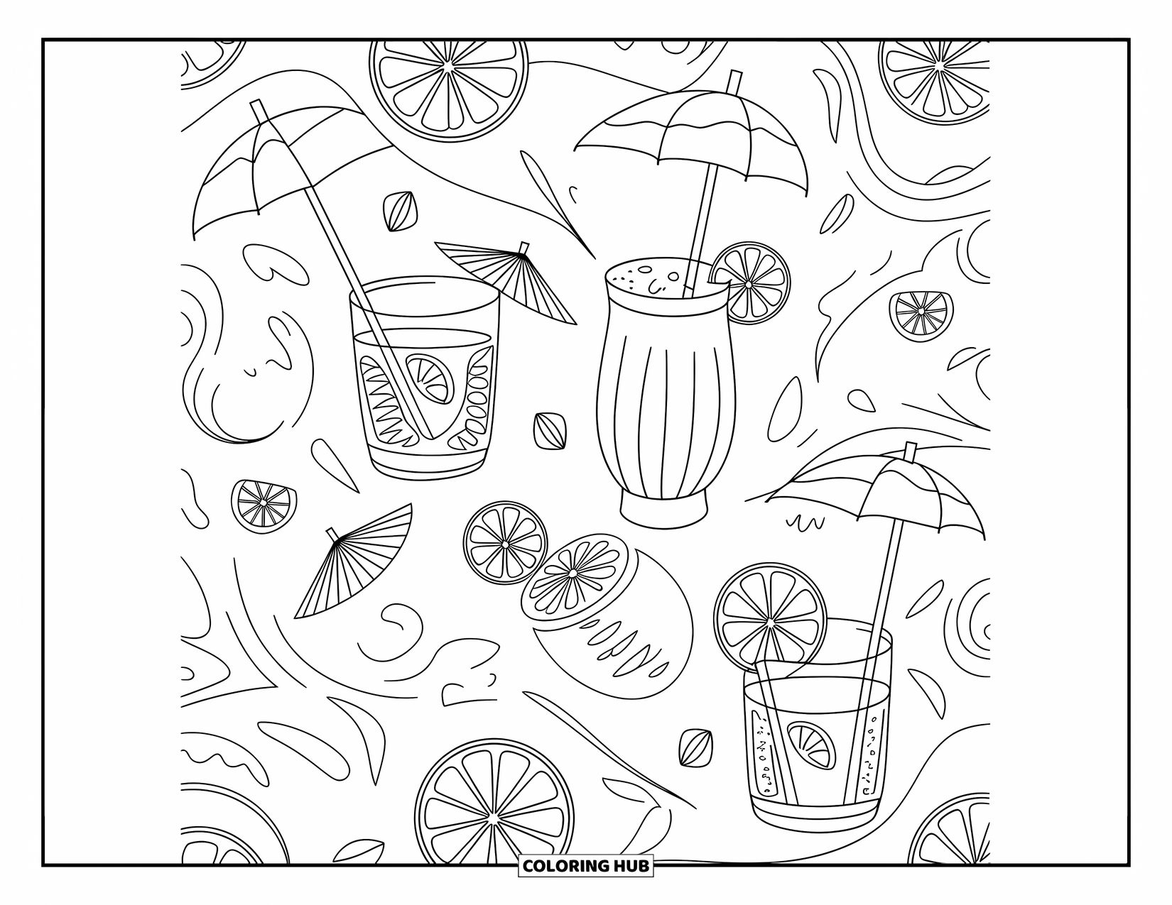 Zomer Kleurplaat voor Volwassenen: Een stijlvolle weergave van mojito's, piña colada's, citrusschijfjes en kleine parasols in een leuk patroon