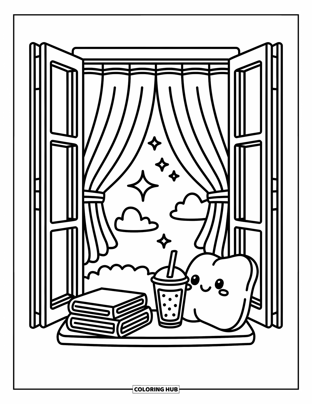 Zomer Kleurplaat voor Volwassenen: Een zonovergoten vensterbank met boeken, thee en een kussen voor een gezellige leessessie