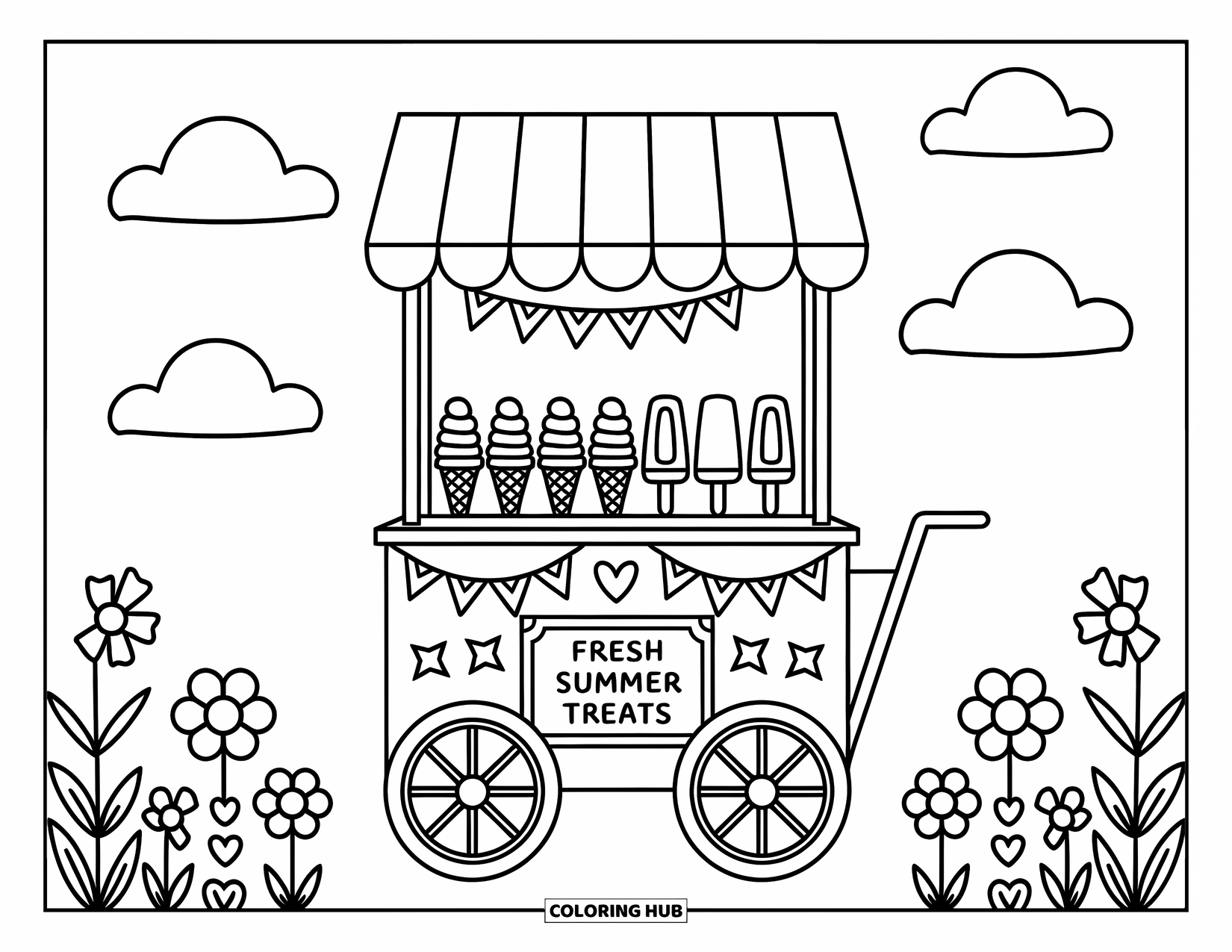Zomer Kleurplaat voor Volwassenen: Een klein ijskarretje met pastelkleurige versieringen staat tussen bloeiende madeliefjes
