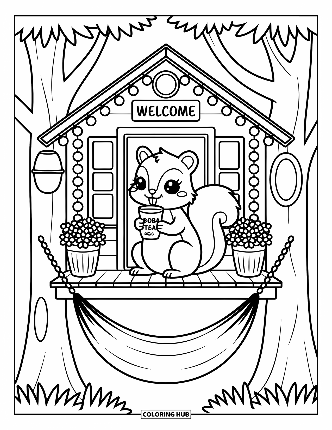 Zomer Kleurplaat voor Volwassenen: Een klein boomhut met een eekhoorn die van thee geniet, omringd door hangende lichtjes