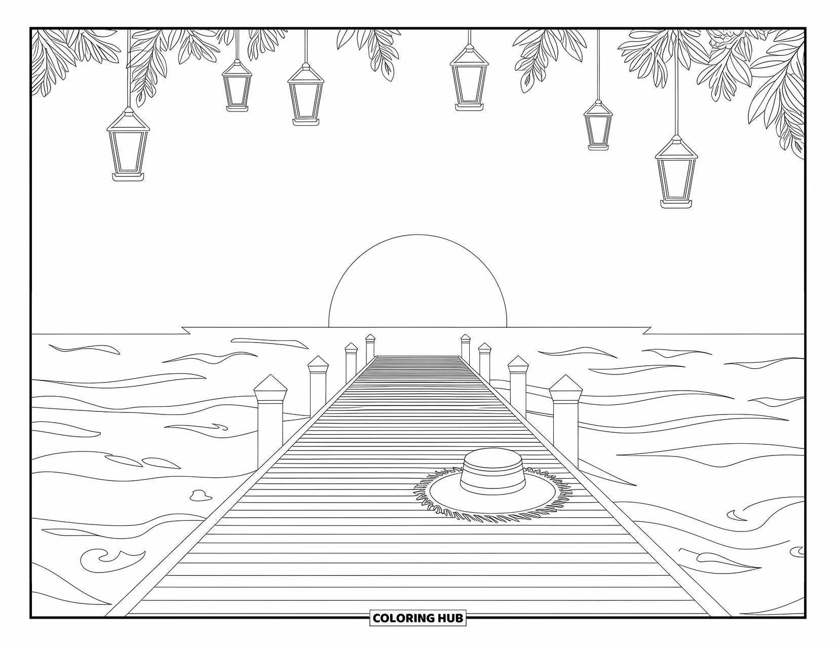 Zomer Kleurplaat voor Volwassenen: Een rustig dok met zacht gloeiende lantaarns, kabbelende golven en een strohoed die charme toevoegt