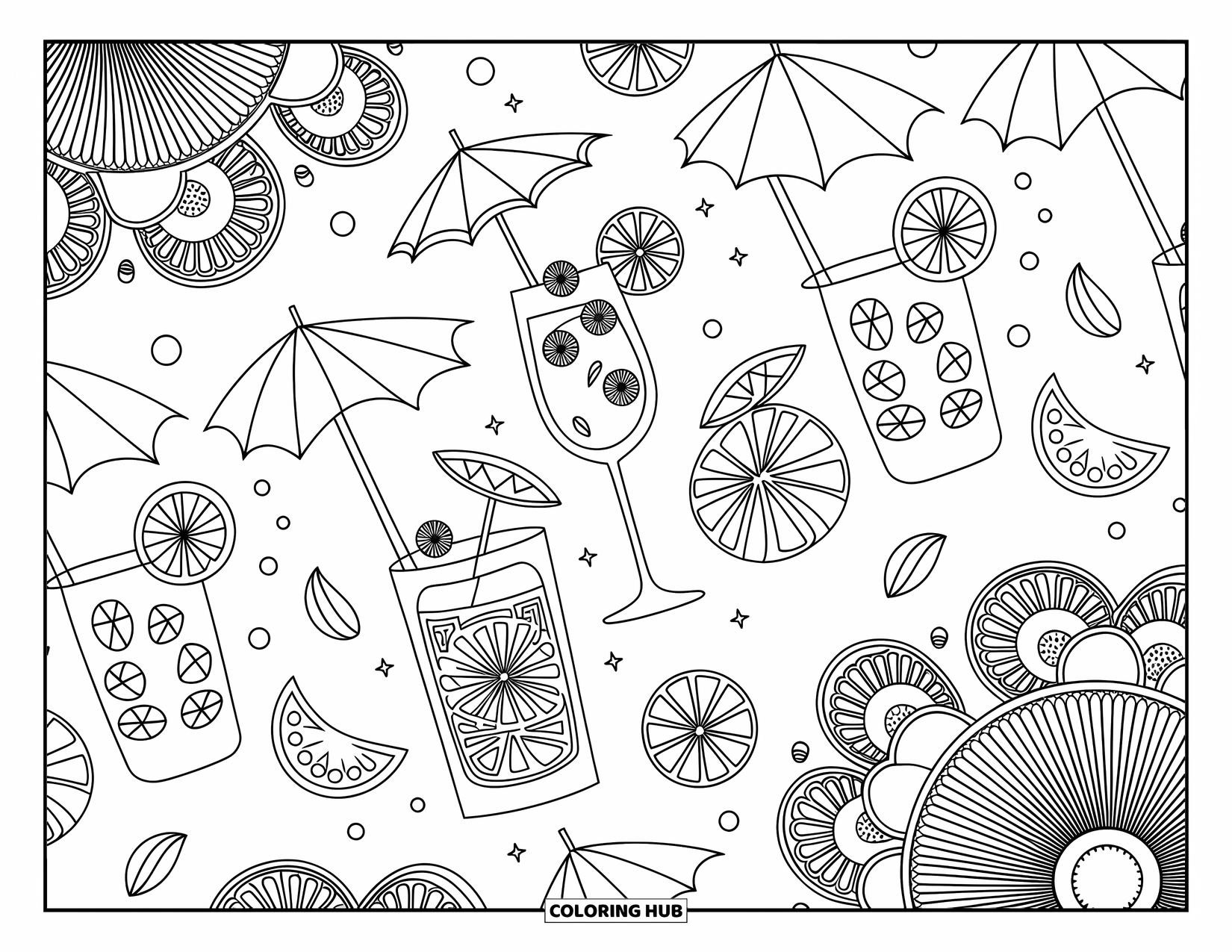 Zomer Kleurplaat voor Volwassenen: Een tropische drankencollectie met piña colada's, mojito's en citrusschijfjes in een levendig ontwerp