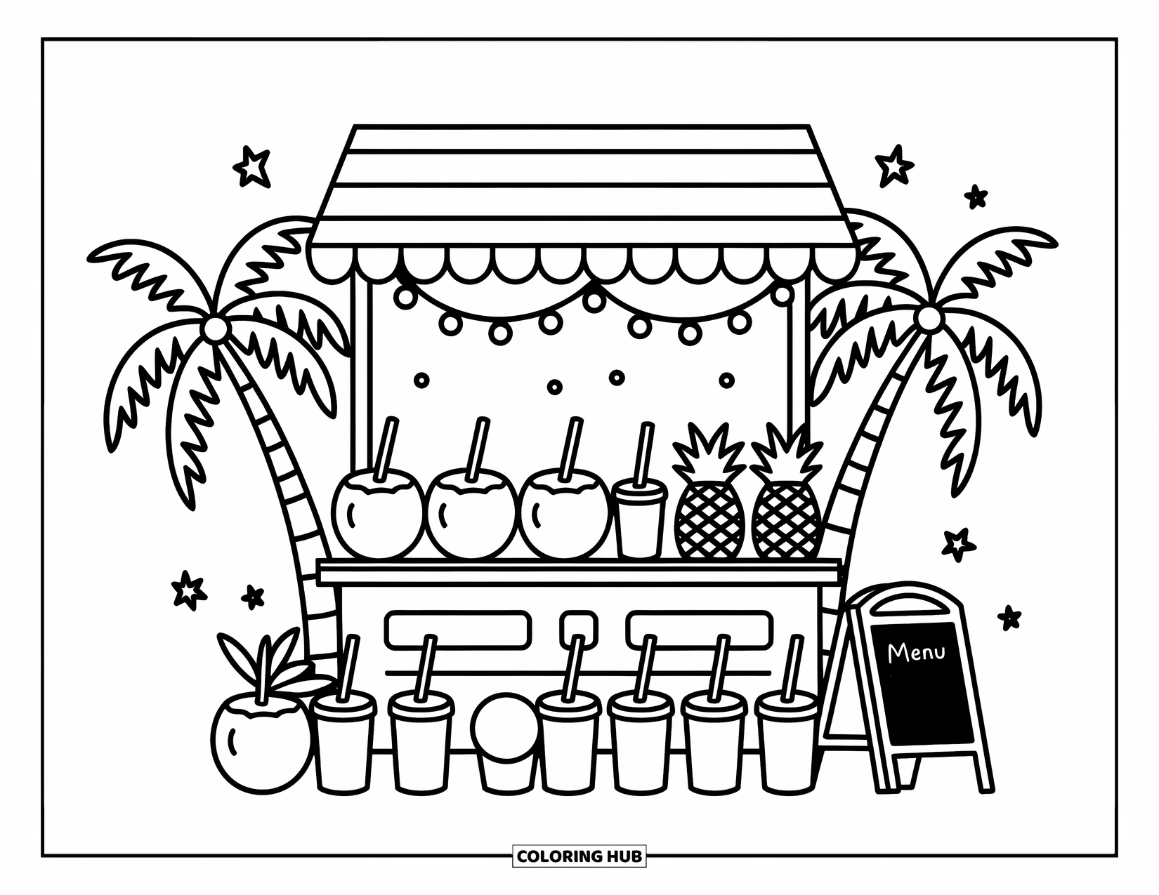 Zomer Kleurplaat voor Volwassenen: Een tropische drankstand met kokosnoten en ananassmoothies straalt onder feeërieke lichtjes