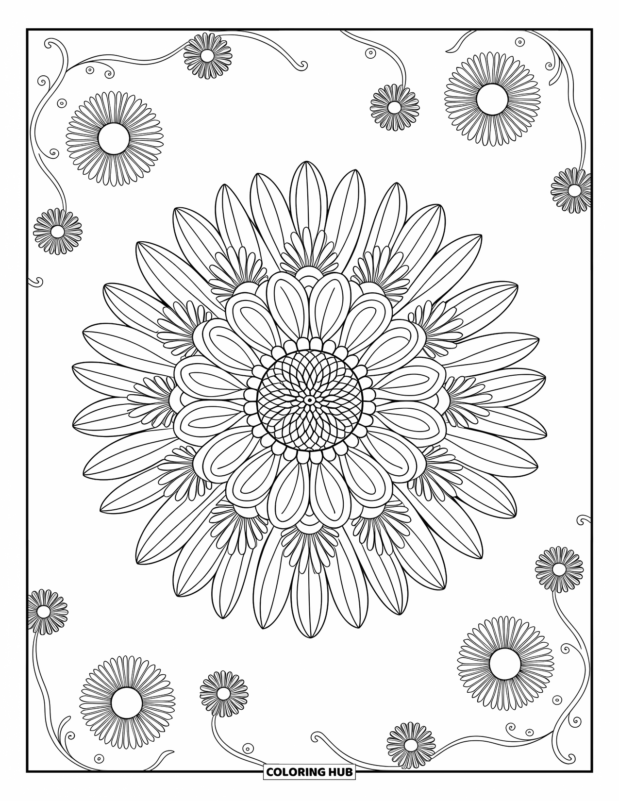 Zomer Kleurplaat voor Volwassenen: Delicate zonnebloem- en madeliefjesblaadjes ontvouwen zich in een prachtige mandala met artistieke patronen