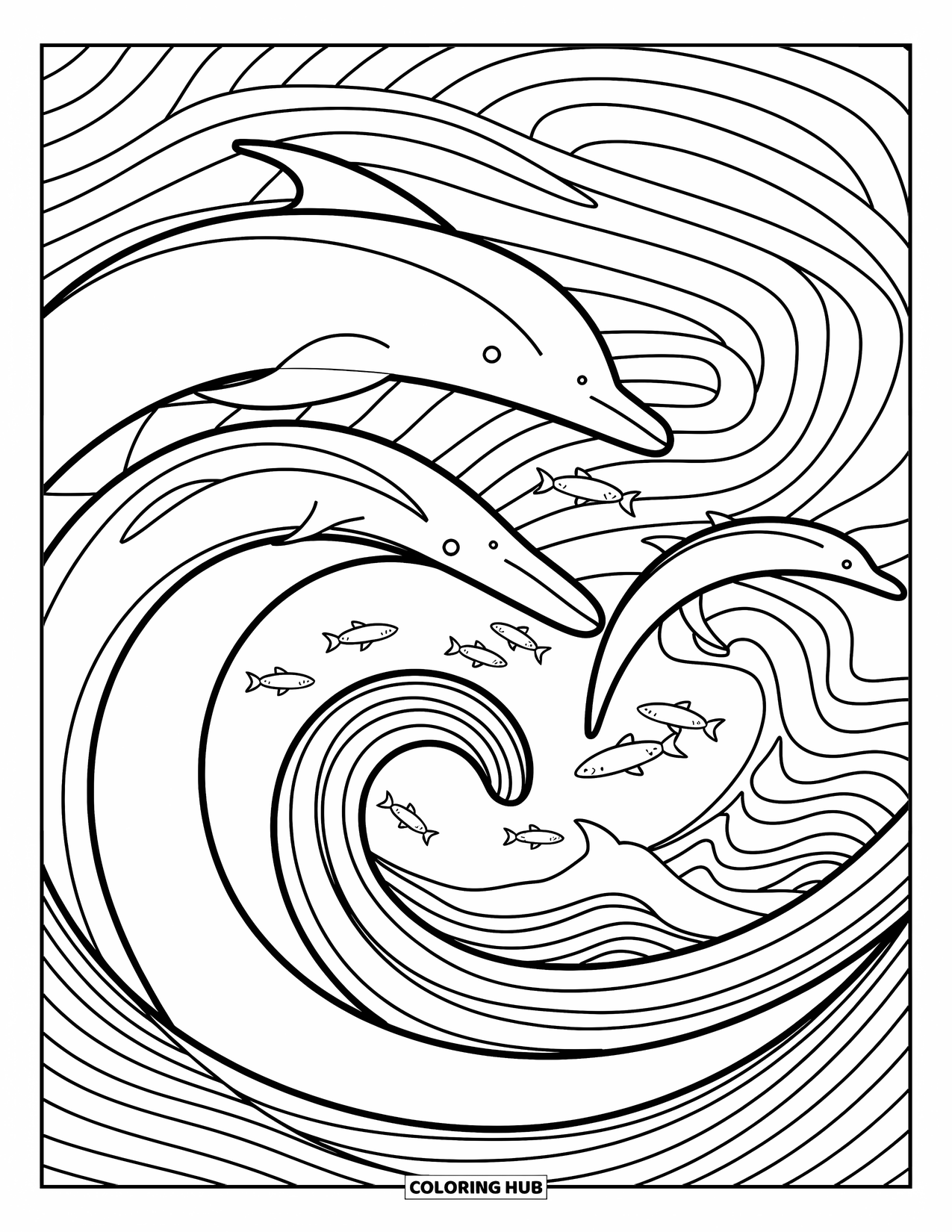 Zomer Kleurplaat voor Volwassenen: Dolfijnen en vissen weven speels door wervelende oceaangolven in een dynamisch patroon