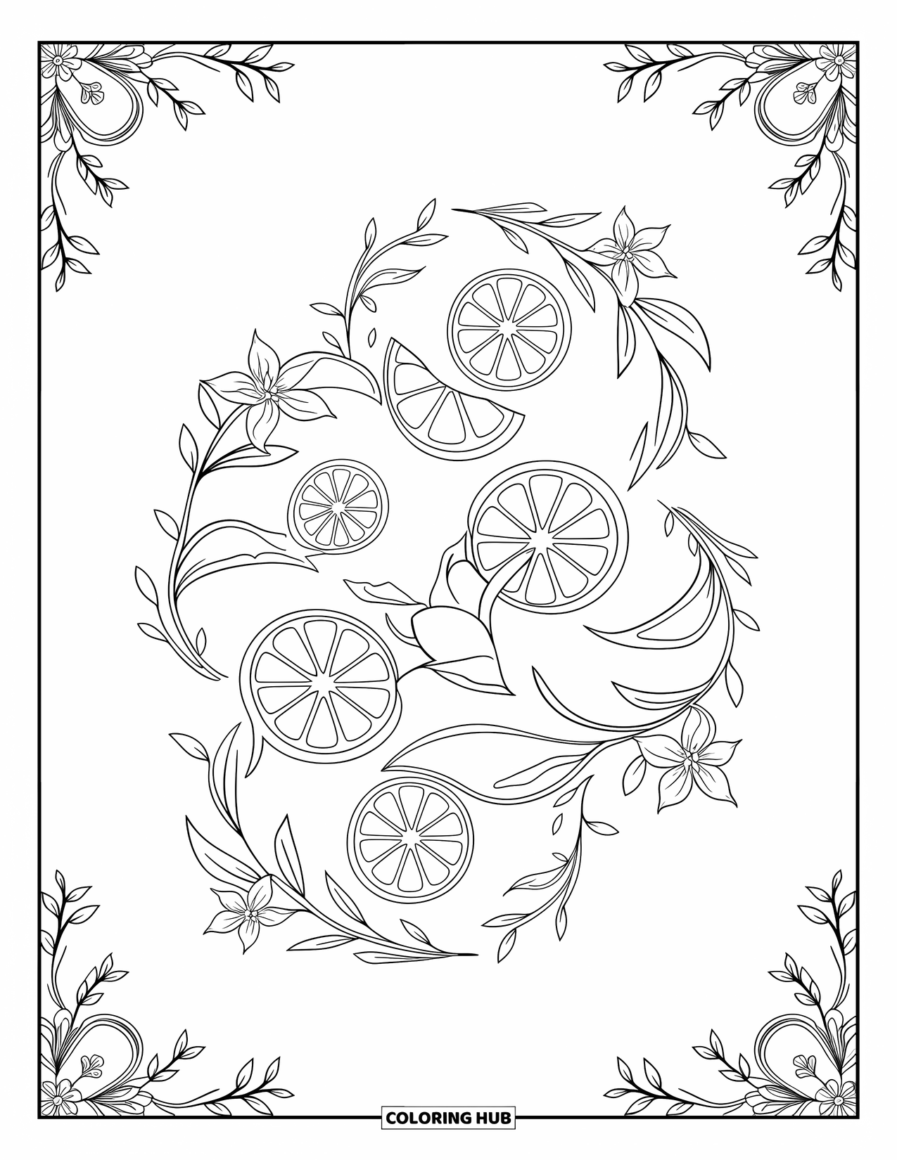 Zomer Kleurplaat voor Volwassenen: Citroenschijfjes en bloesems wervelen samen in een verfrissend en ingewikkeld, door bloemen geïnspireerd ontwerp