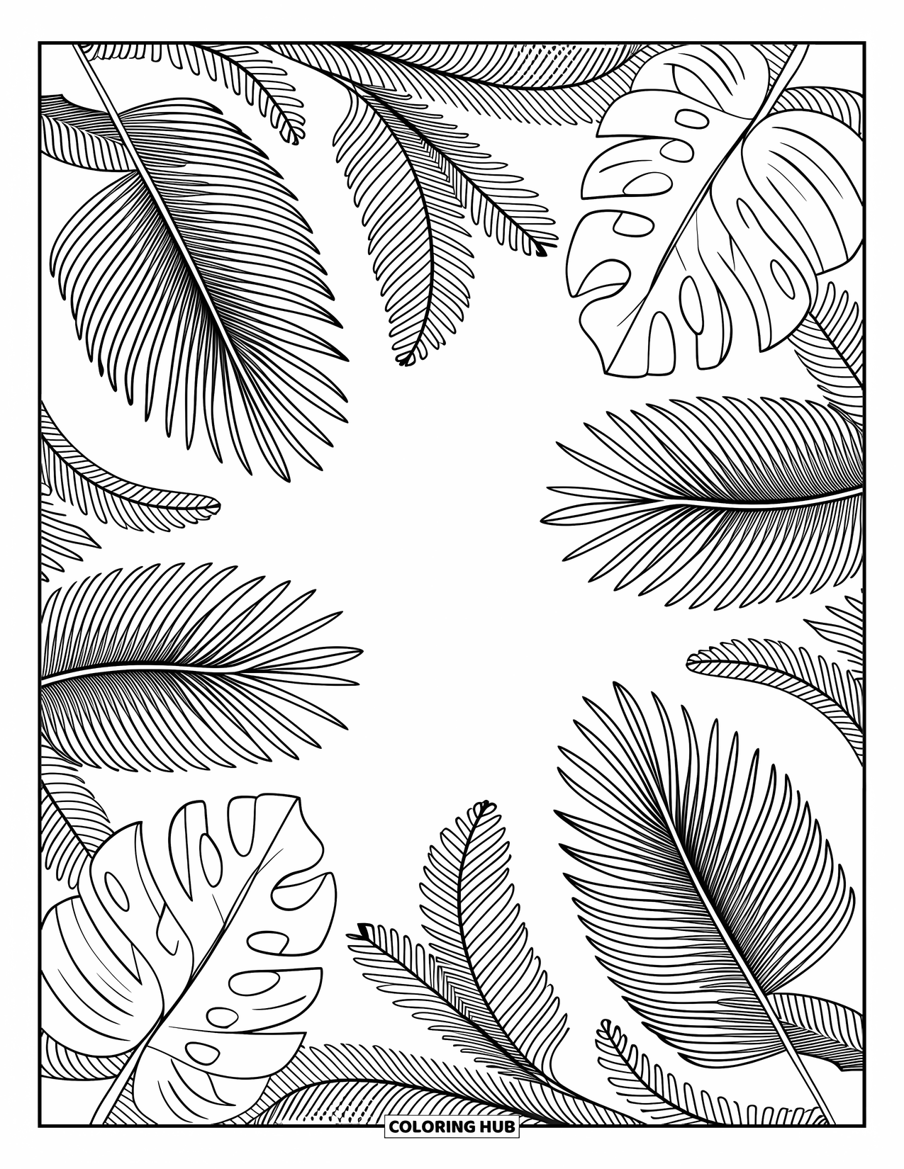 Zomer Kleurplaat voor Volwassenen: Palmbladeren, monstera-bladeren en varens creëren een elegant tropisch bladpatroon