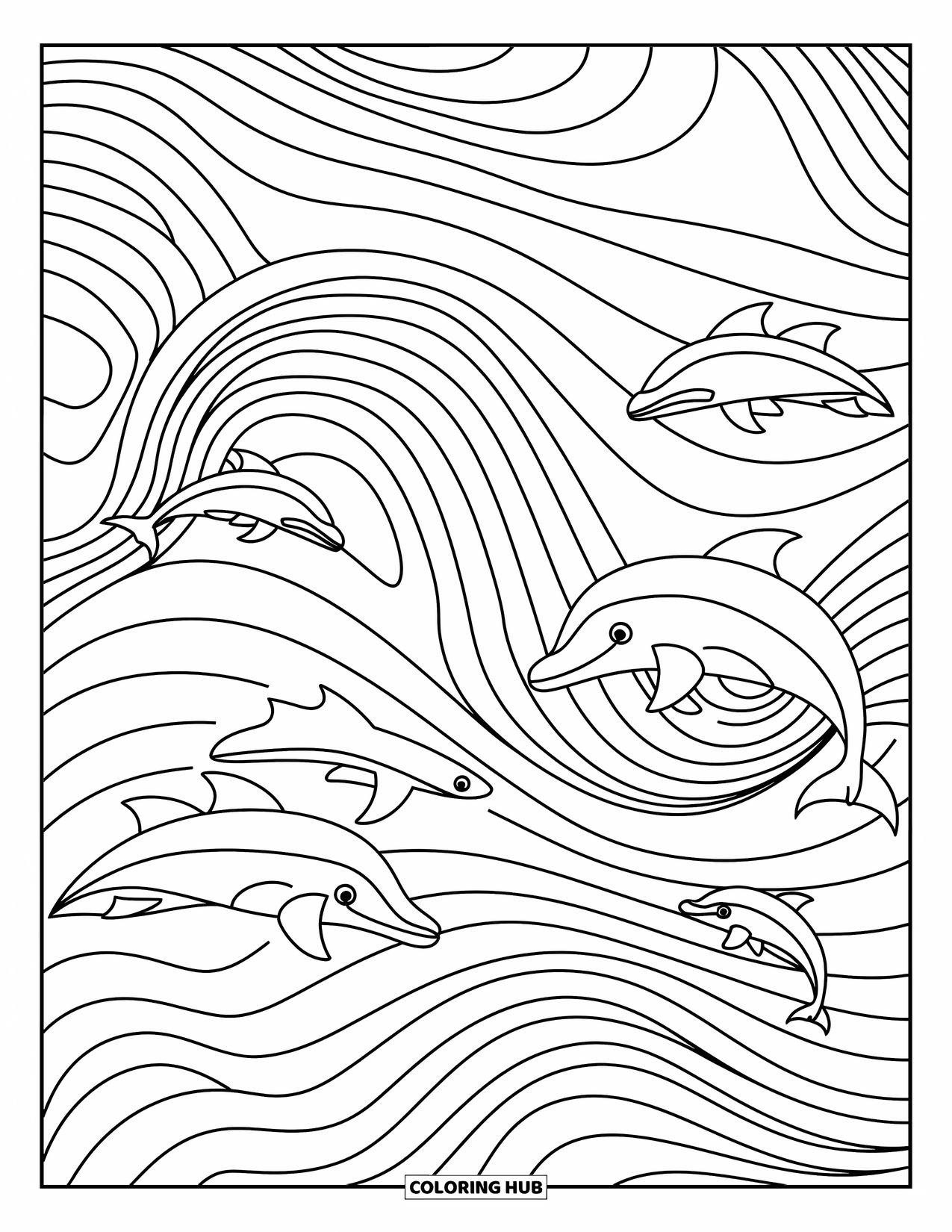 Zomer Kleurplaat voor Volwassenen: Rollende oceaangolven verbergen dolfijnen en vissen in een vloeiend, artistiek, door de zee geïnspireerd ontwerp