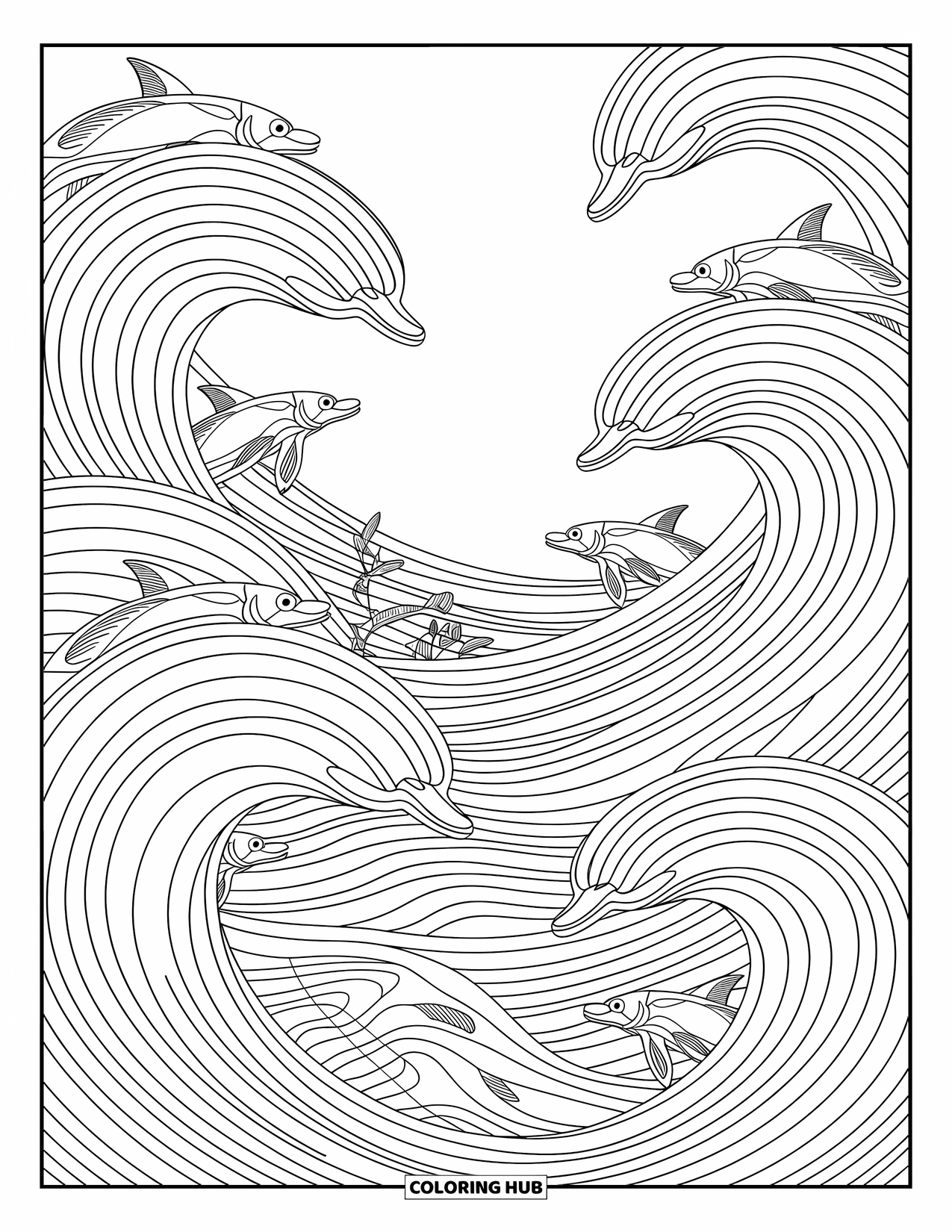 Zomer Kleurplaat voor Volwassenen: Wervelende oceaangolven verbergen speelse dolfijnen en springende vissen in een betoverend patroon