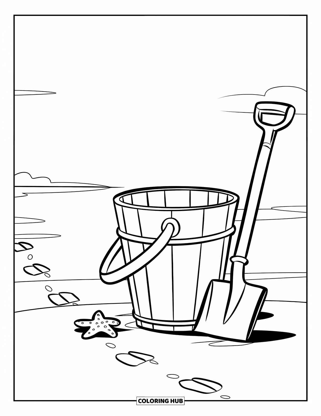 Zomer Kleurplaat voor Kinderen: Een strandemmer en een schep staan in het zand bij een kleine zeester