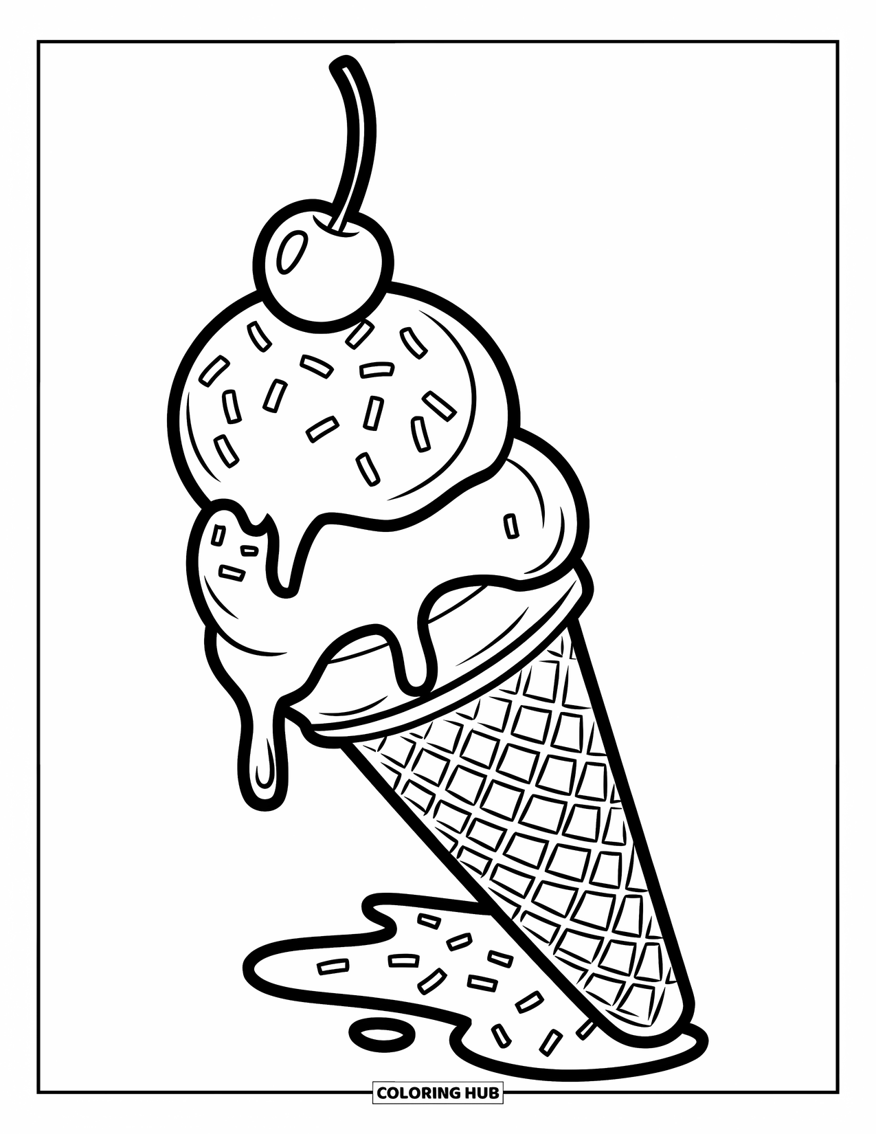 Zomer Kleurplaat voor Kinderen: Een groot ijsje met drie bolletjes druipt heerlijk op een wit bord