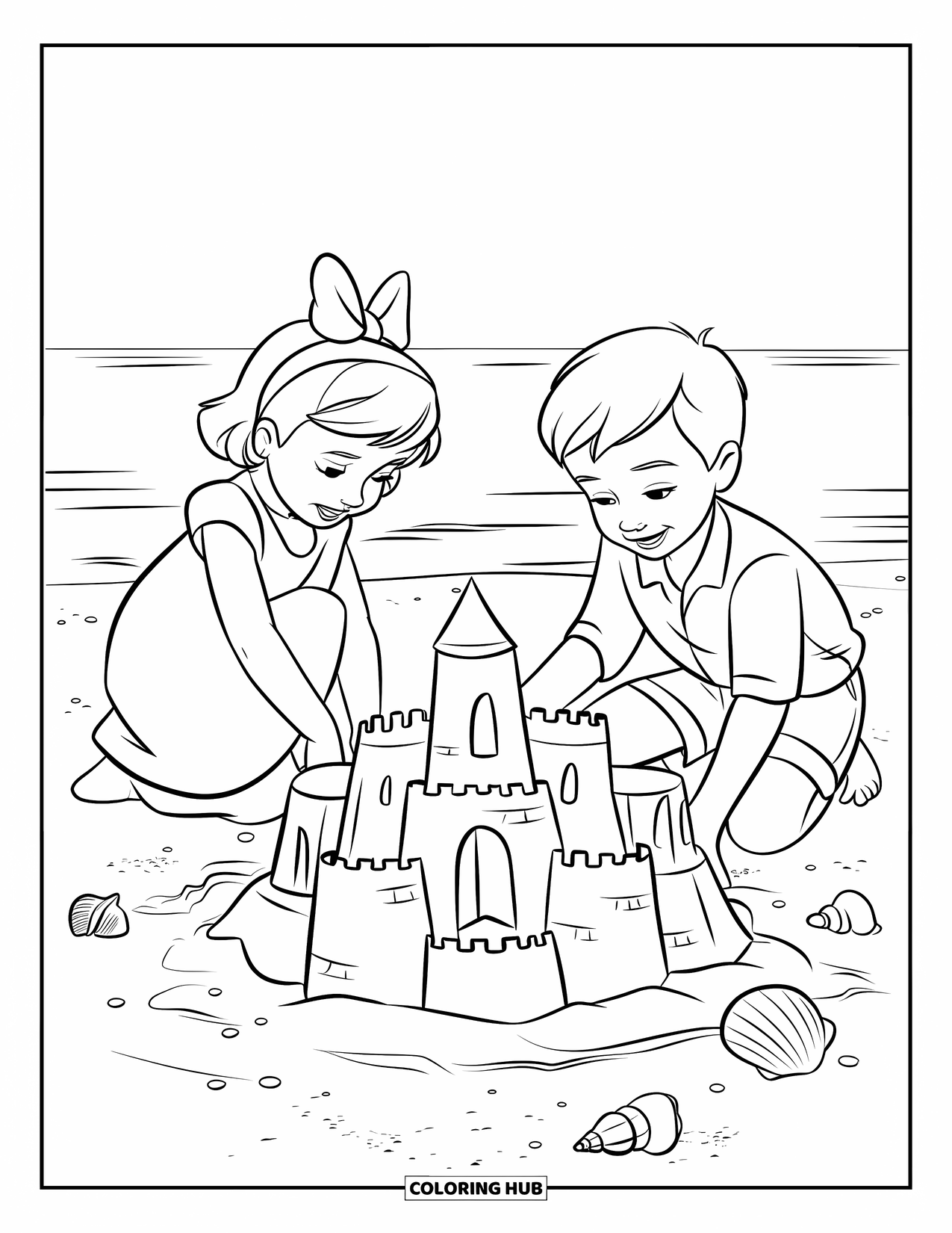 Zomer Kleurplaat voor Kinderen: Een jongen en een meisje bouwen een zandkasteel met schelpen eromheen