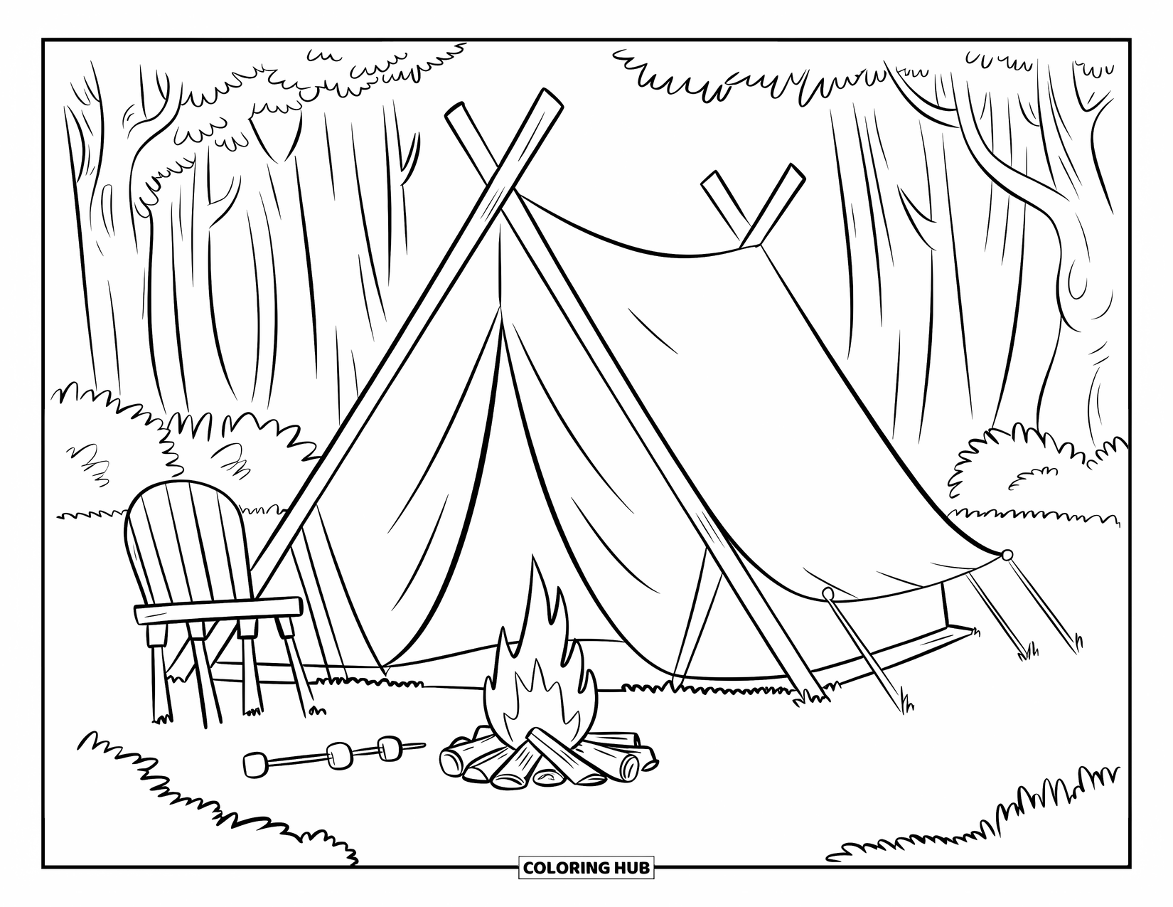 Zomer Kleurplaat voor Kinderen: Een camping met een houten stoel, een vreugdevuur en marshmallows ligt verscholen tussen de bomen
