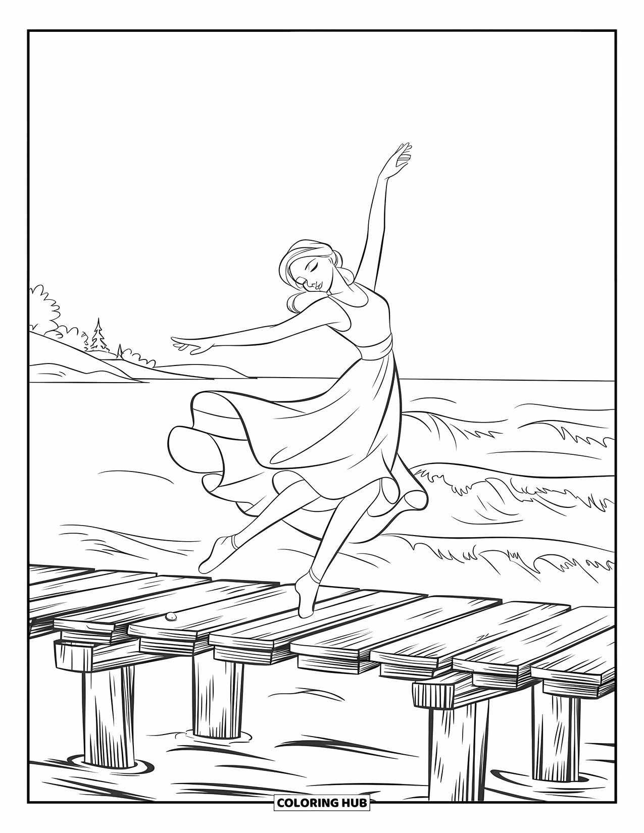 Zomer Kleurplaat voor Kinderen: Een onbezorgde vrouw danst op een pier, verloren in de zeebries