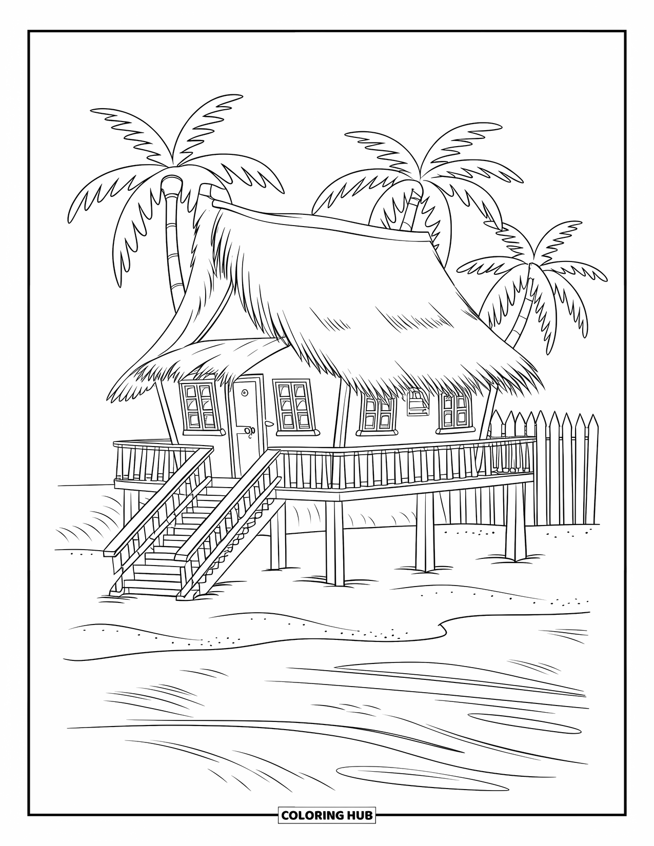 Zomer Kleurplaat voor Kinderen: Een charmant strandhuis met een rieten dak staat in de buurt van de oceaangolven