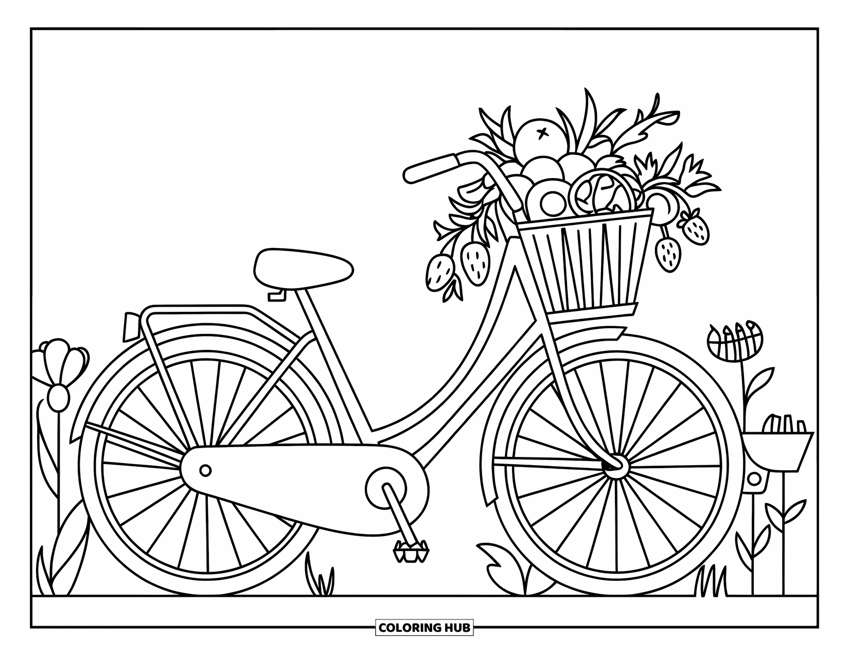 Zomer Kleurplaat voor Kinderen: Een charmante fiets met een mand fruit staat op een geplaveid pad