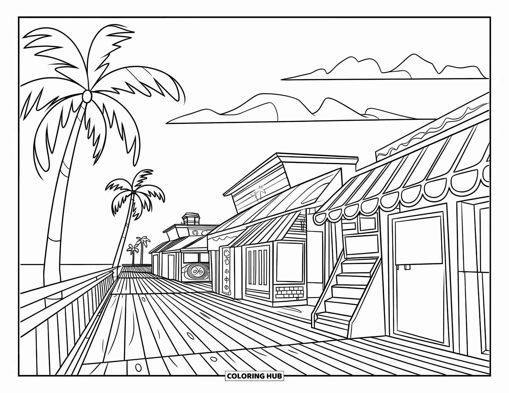 Zomer Kleurplaat voor Kinderen: Een charmante promenade met kleine winkeltjes en uitzicht op de zee